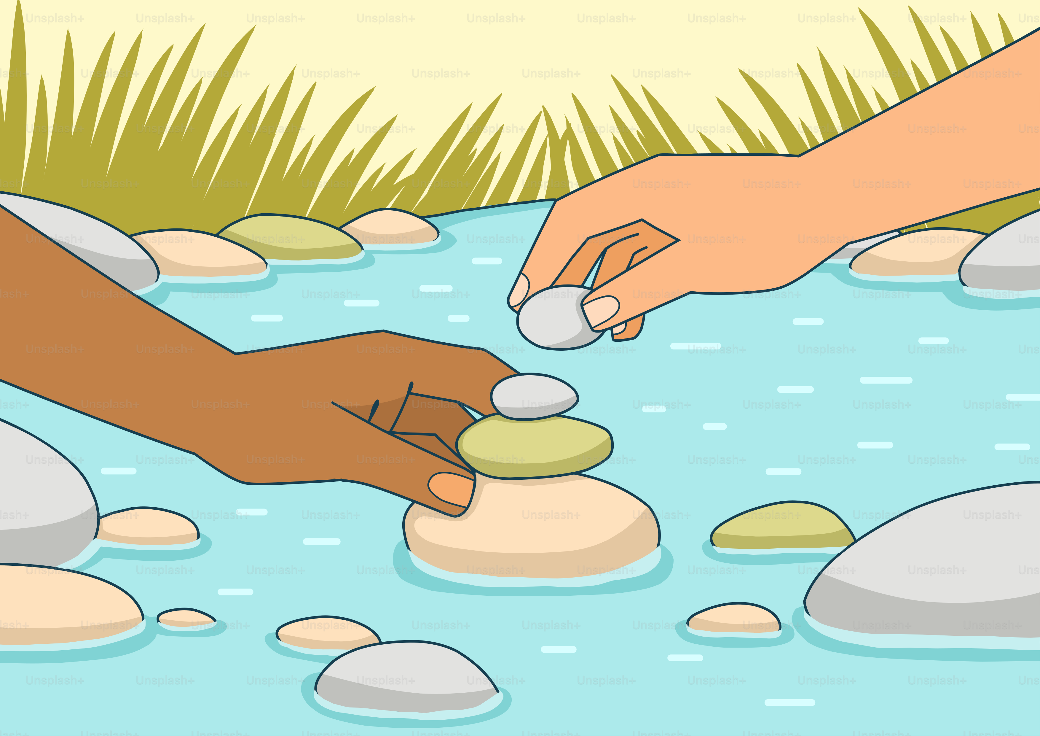 Hands stacking stones in a shallow stream