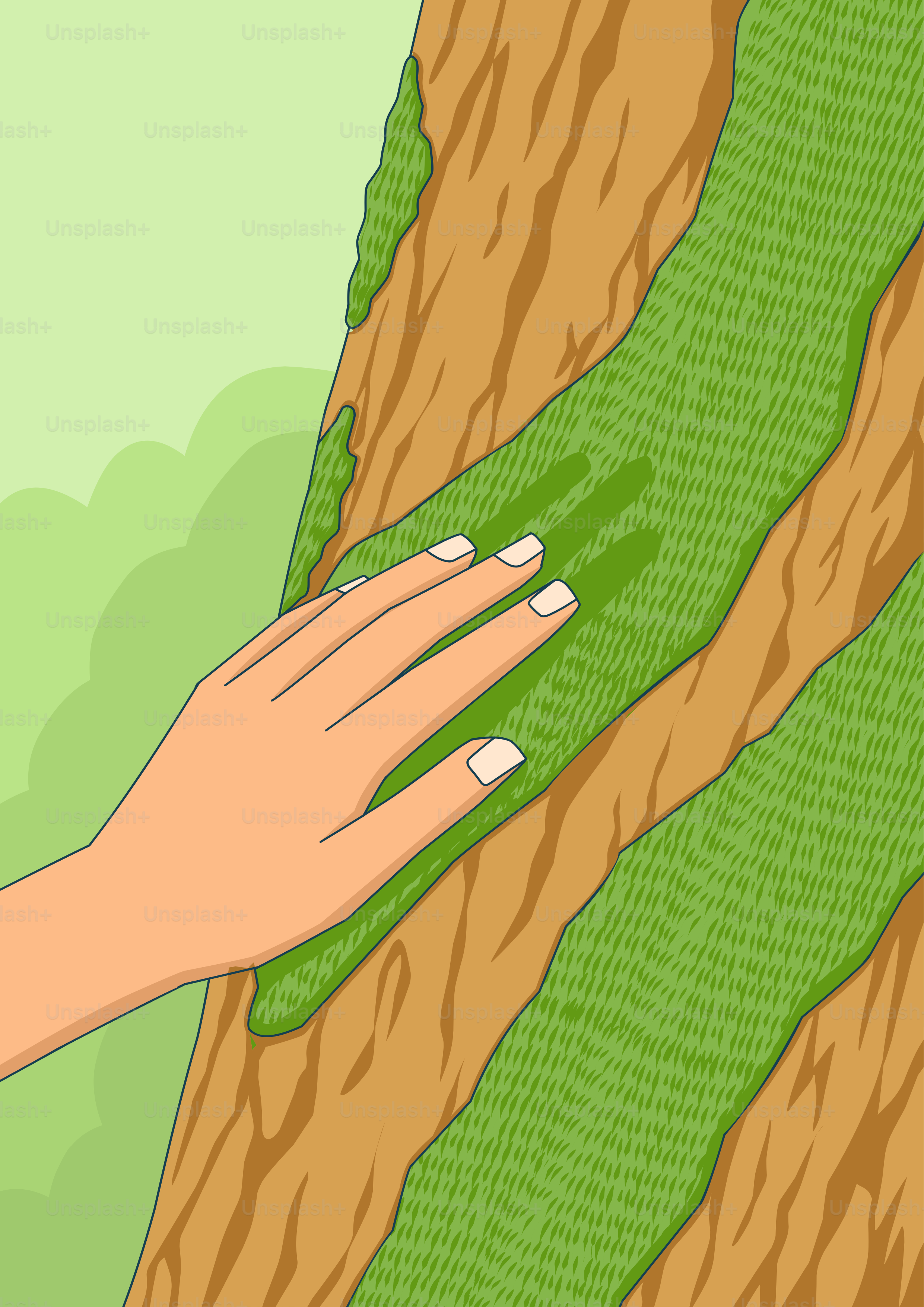 Mano che tocca muschio su un tronco d'albero