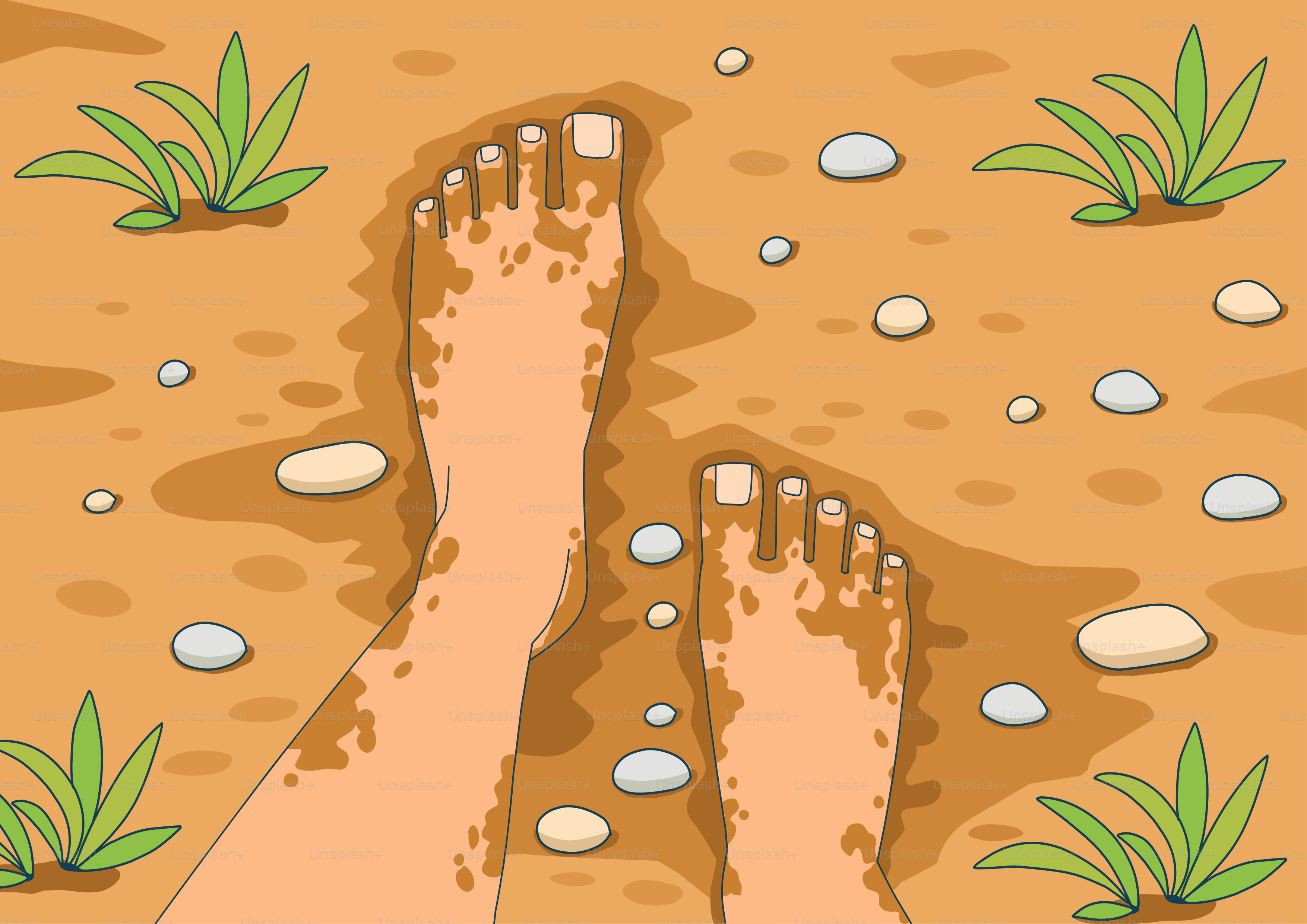 Bare feet covered in mud and pebbles