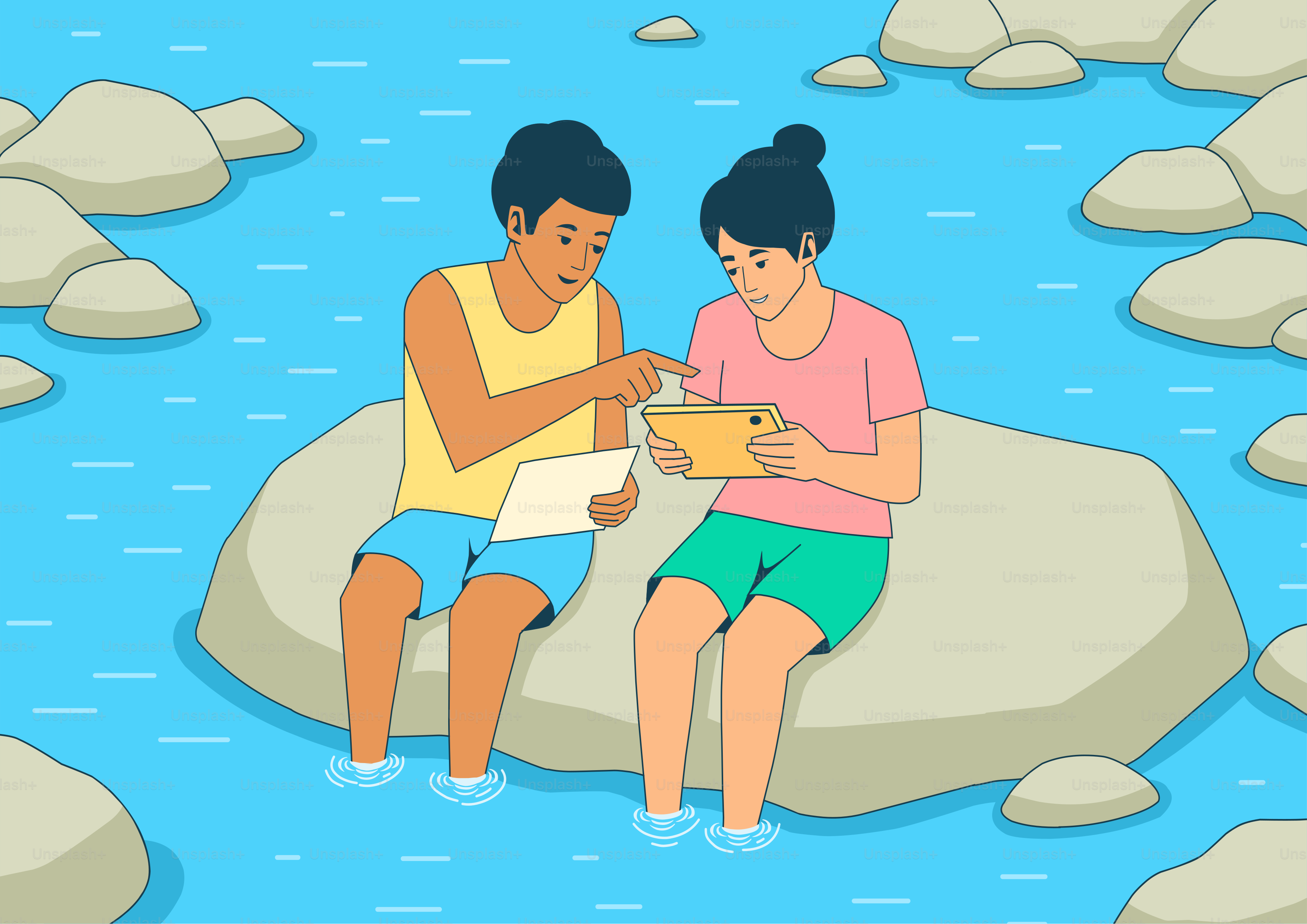 Zwei Personen, die Tafeln auf einem Felsen im Wasser betrachten