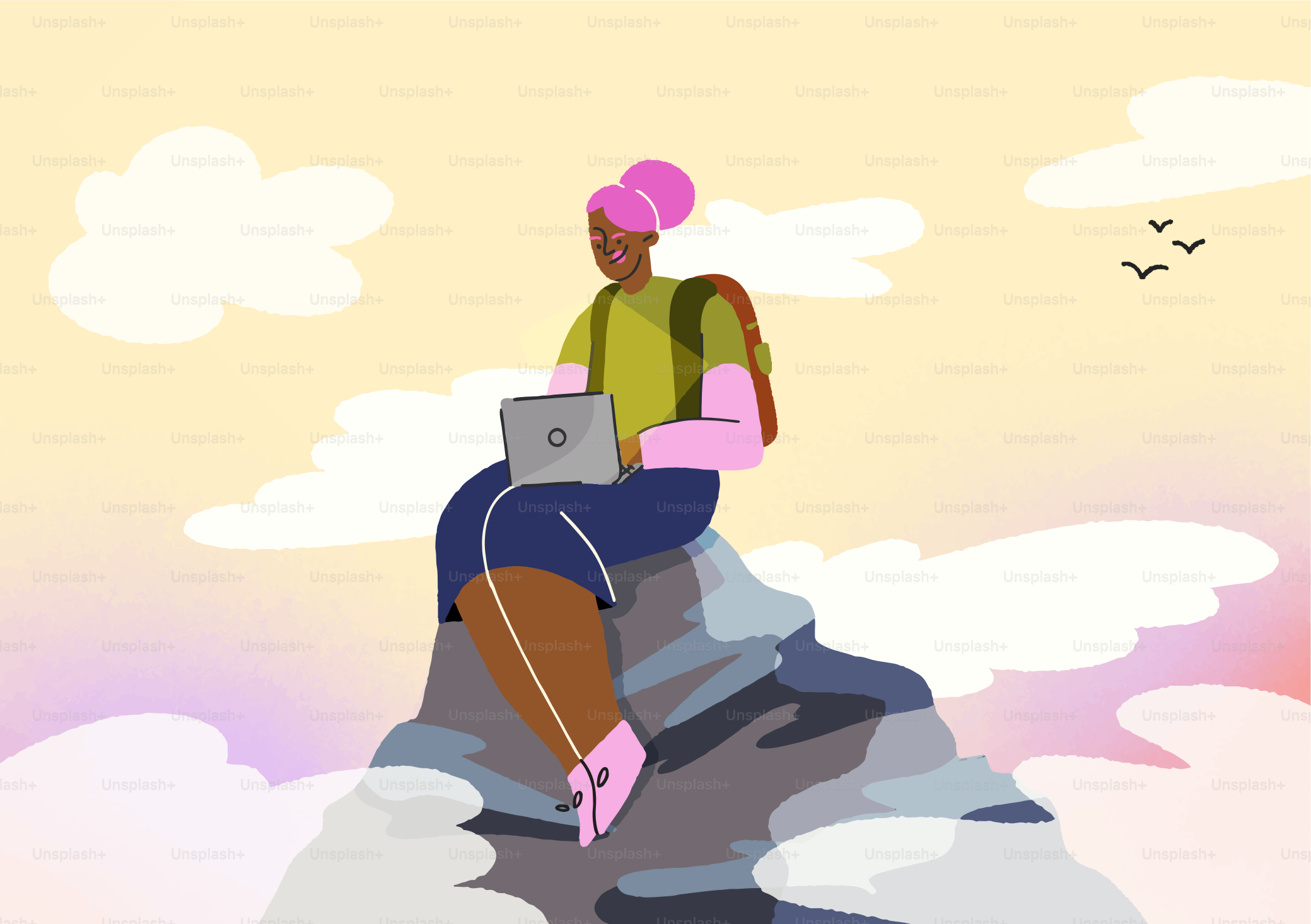 Mulher de cabelo rosa trabalhando no laptop no pico da montanha.