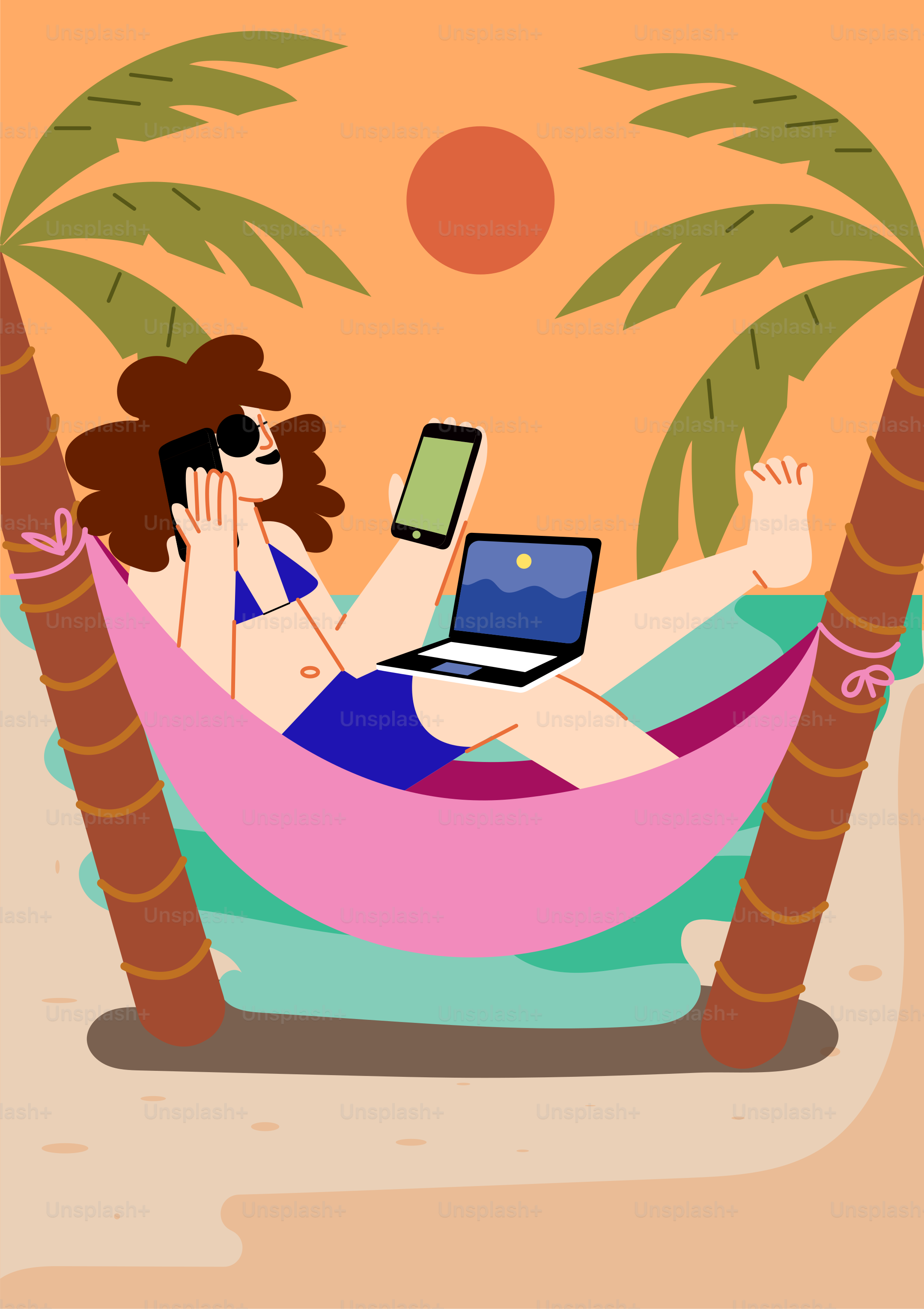 Mulher trabalhando no laptop em rede na praia