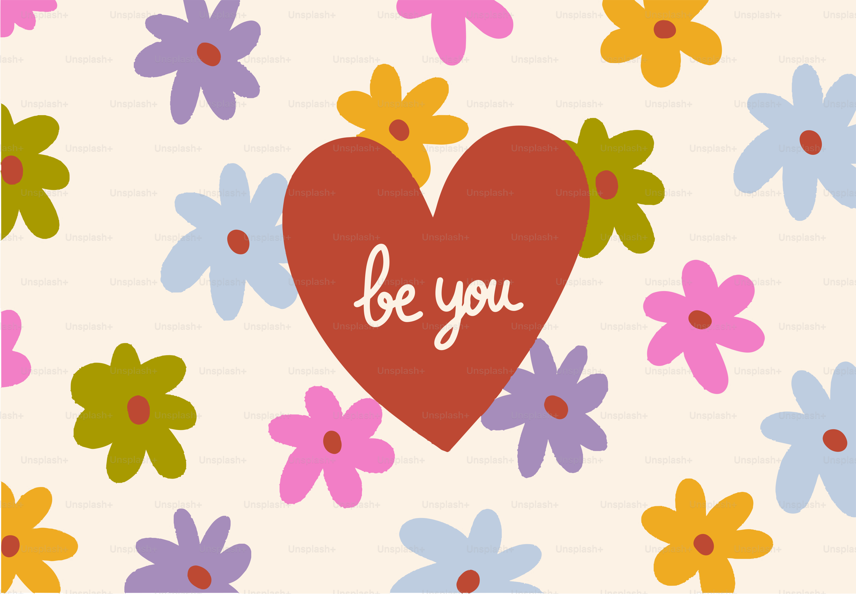 Coração vermelho com "be you" em fundo floral