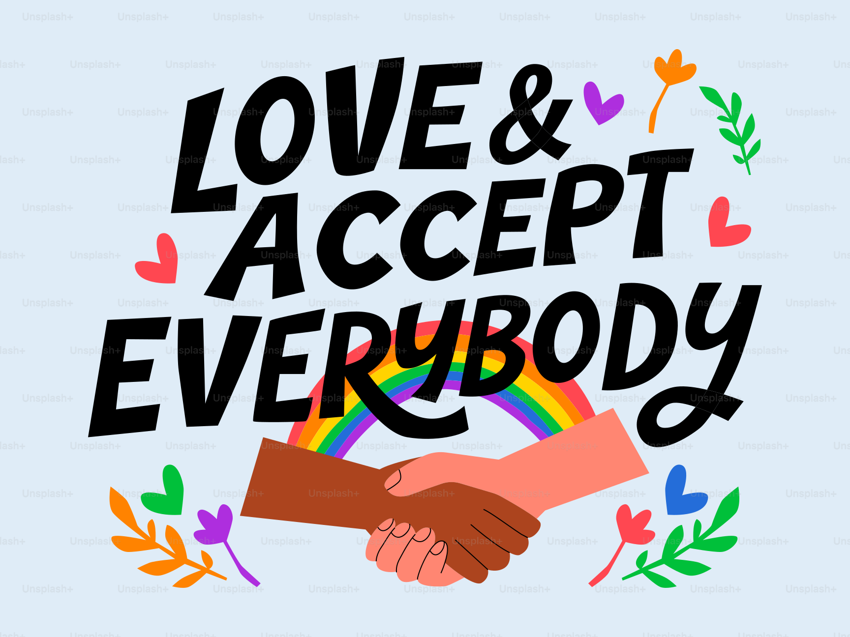 Love and accept everybody with rainbow and hands