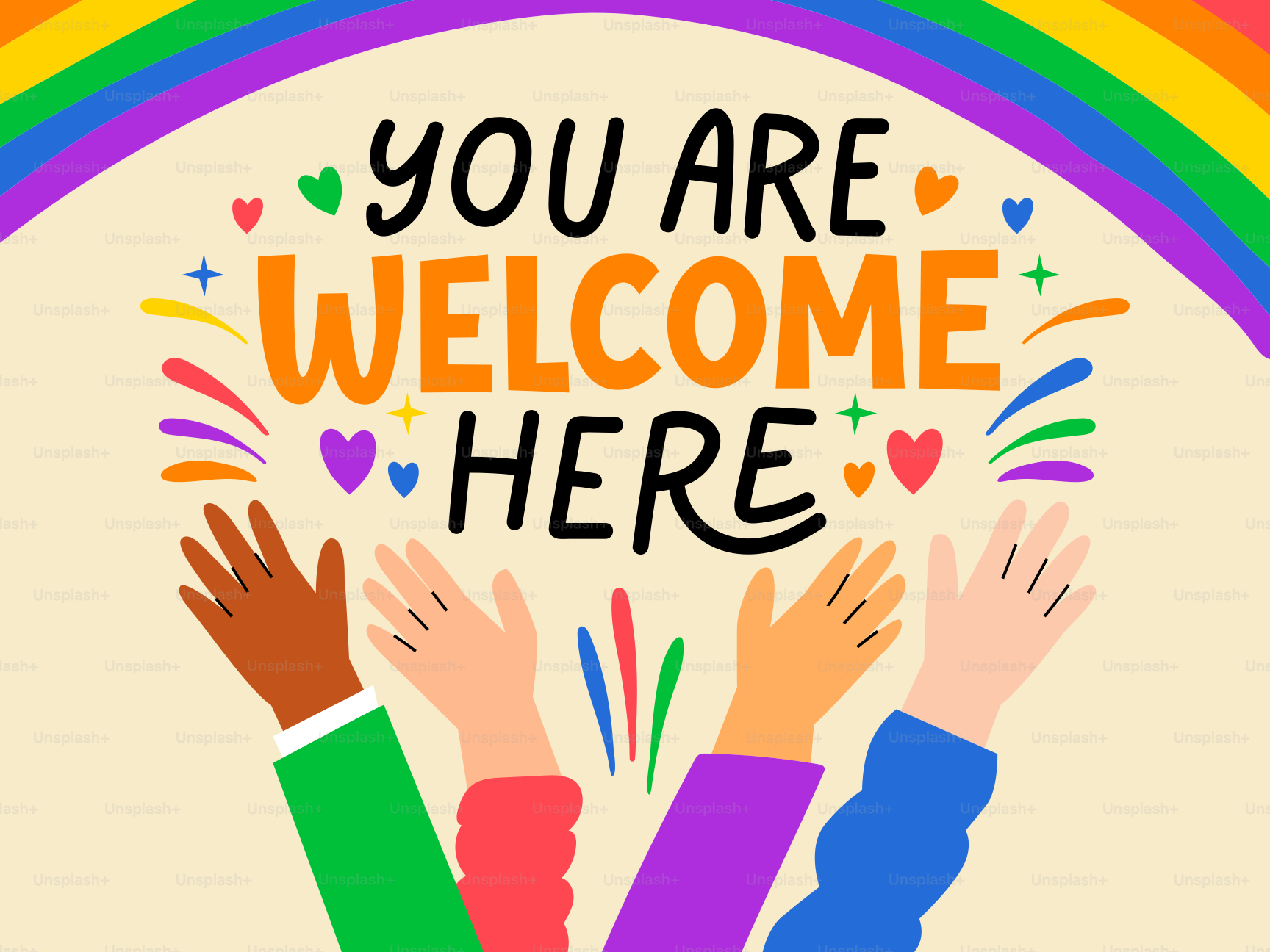 Diverse hands raised with rainbow colors and welcome message.