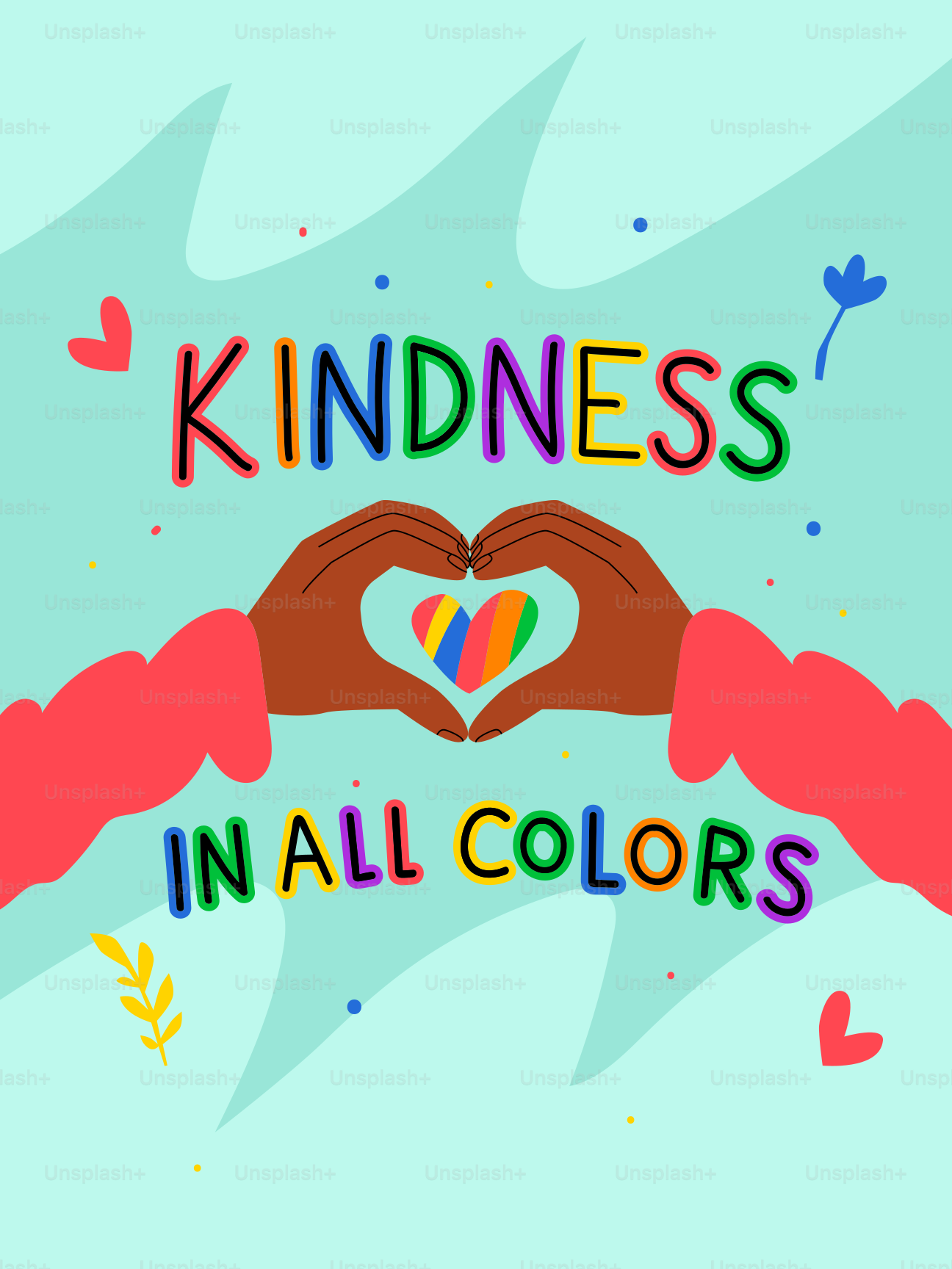 Hands form rainbow heart with "kindness in all colors" text.