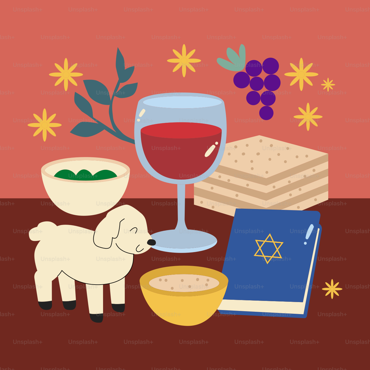 Assiette du Seder de Pessa’h avec agneau, matzah, vin et haggadah.