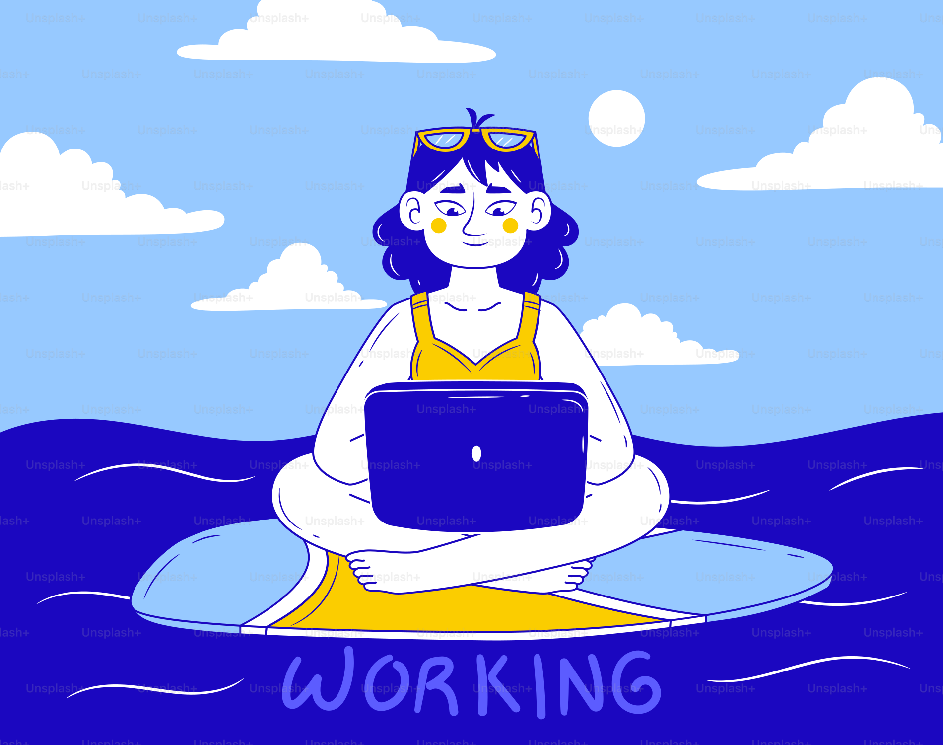 海でサーフボードの上でノートパソコンを操作している女性