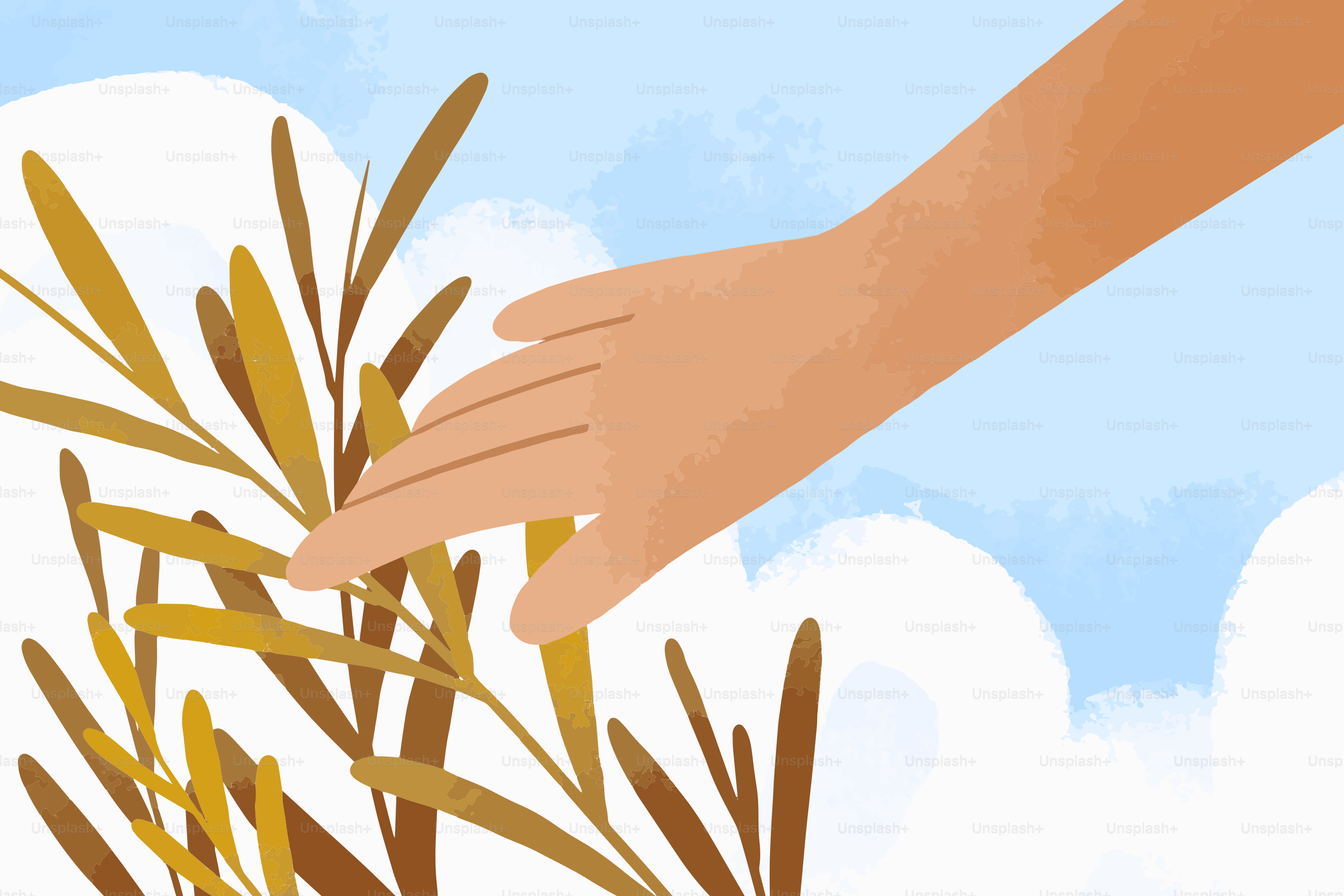 Eine Hand, die sanft trockenes Gras gegen einen bewölkten Himmel berührt.