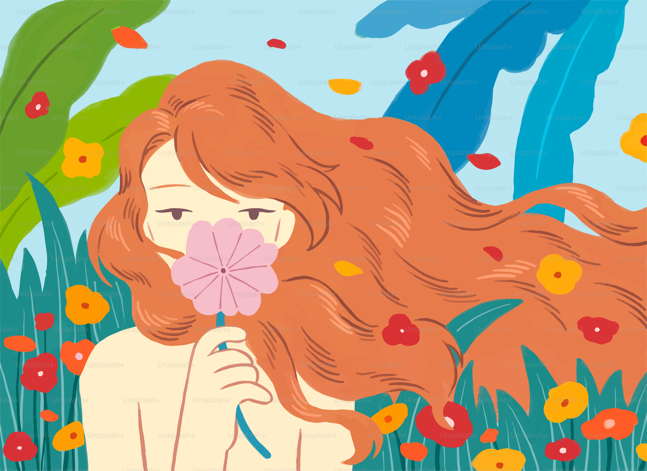 Mujer oliendo una flor rosa en un campo de flores