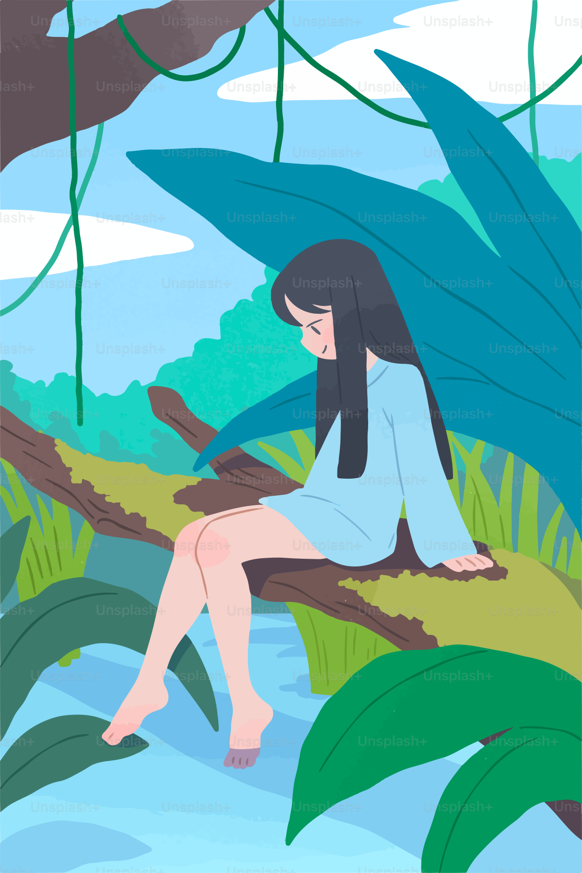 Una chica sentada en una rama junto al agua