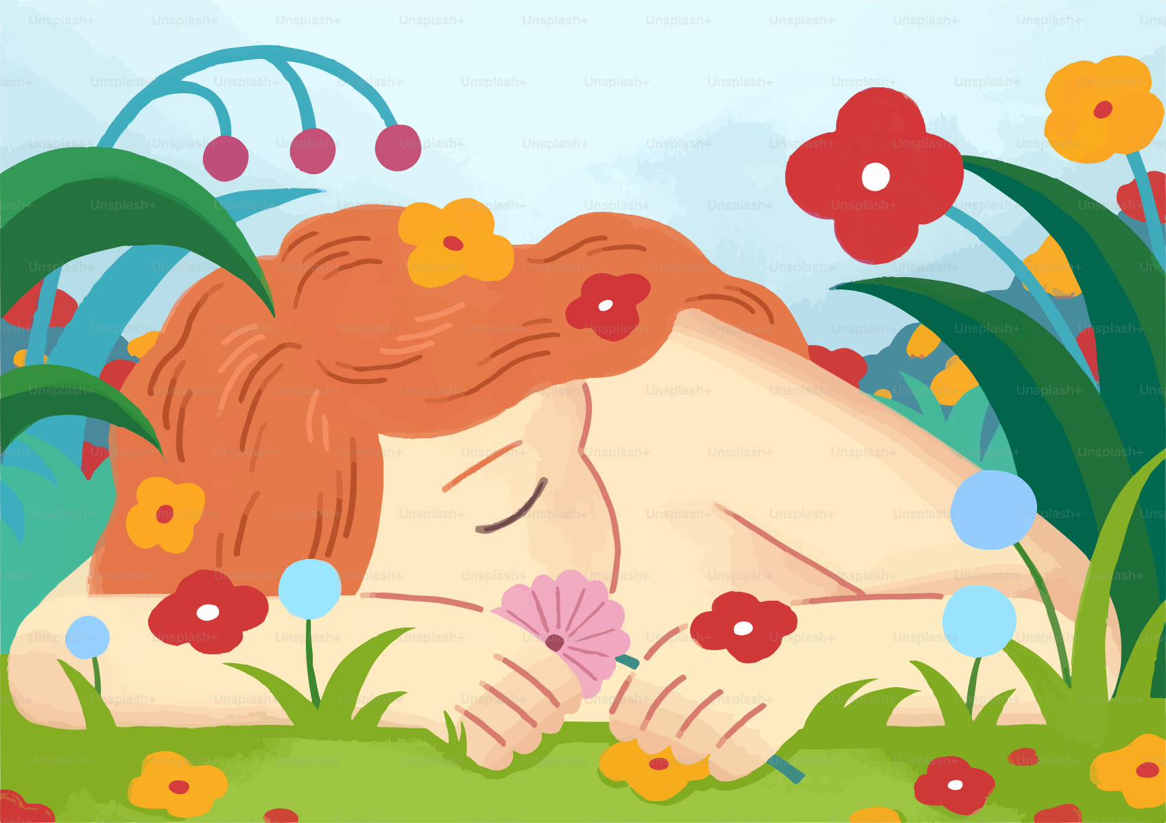Mujer durmiendo plácidamente rodeada de flores coloridas