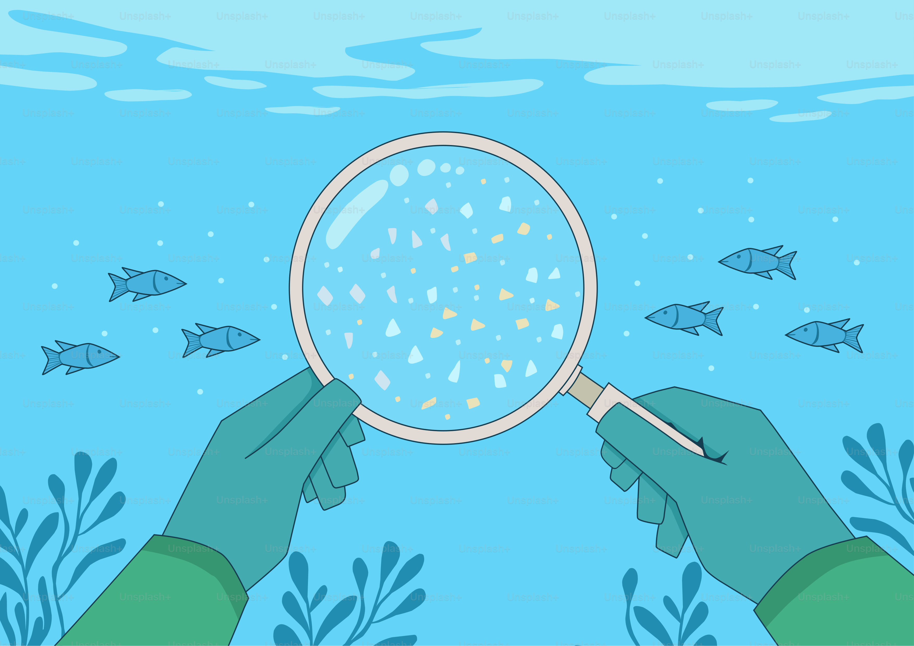 Hände, die eine Lupe über winzige Partikel im Wasser halten