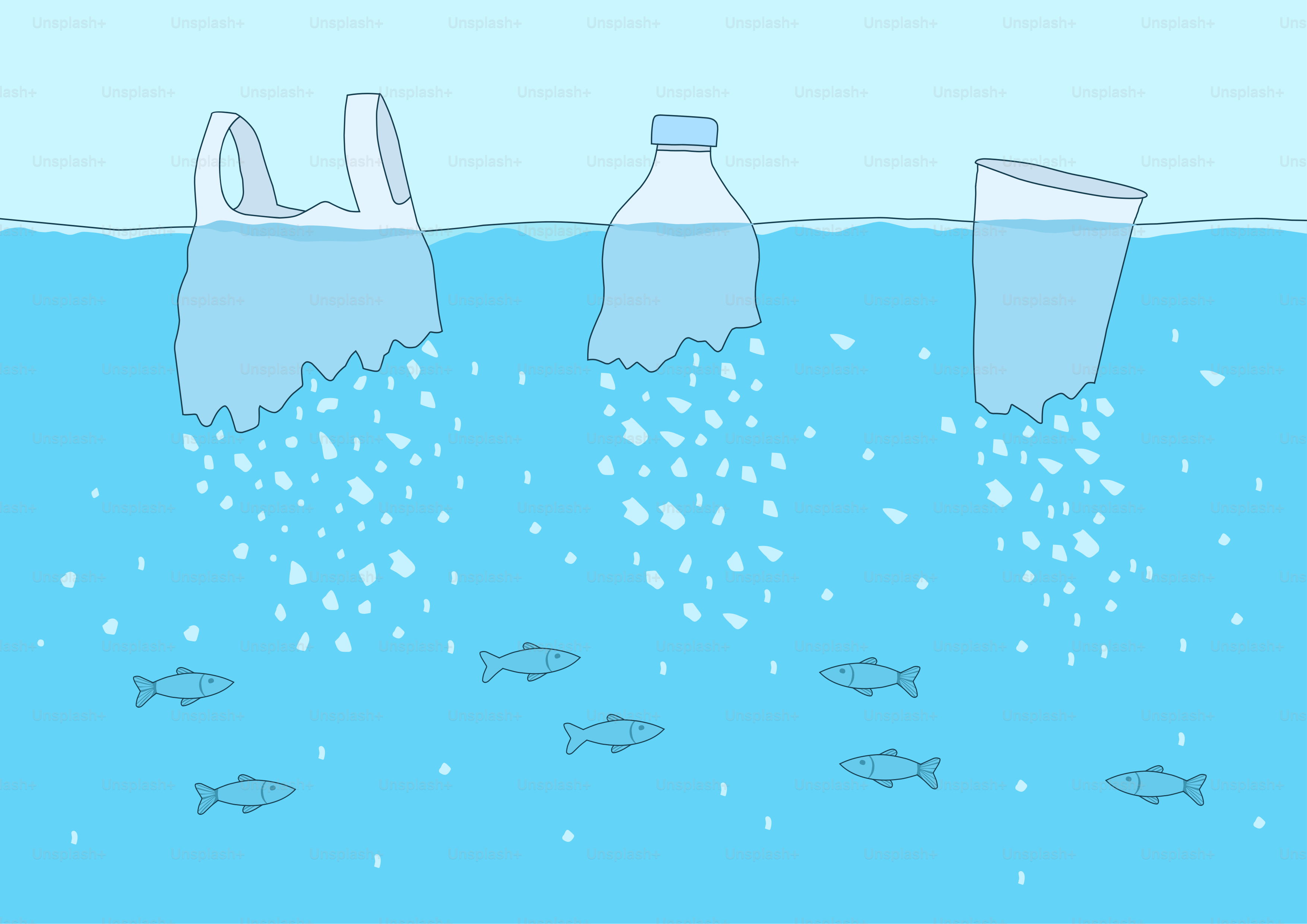 Inquinamento da plastica nell'oceano con i pesci che nuotano.