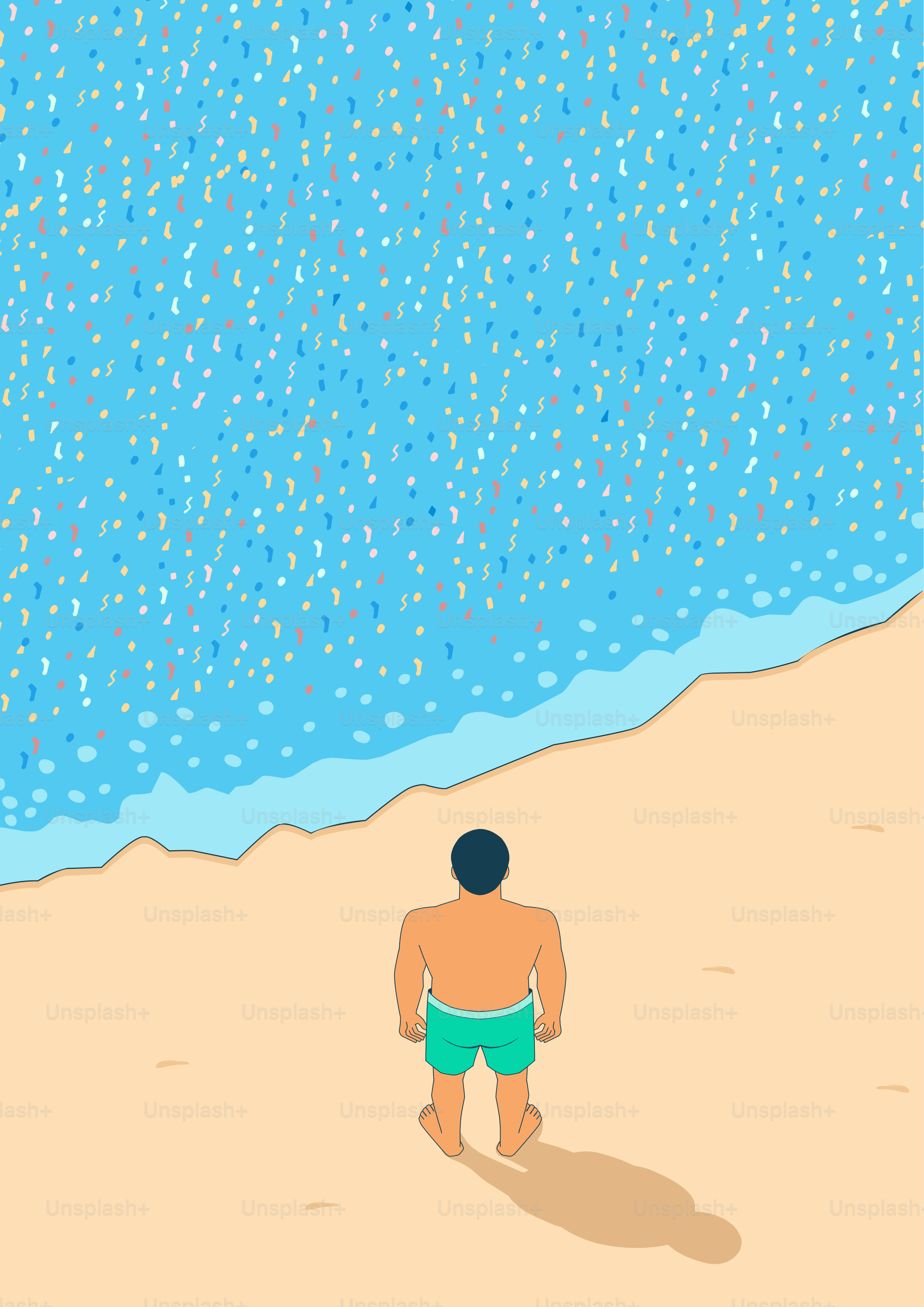 Uomo in piedi su una spiaggia sabbiosa vicino all'oceano