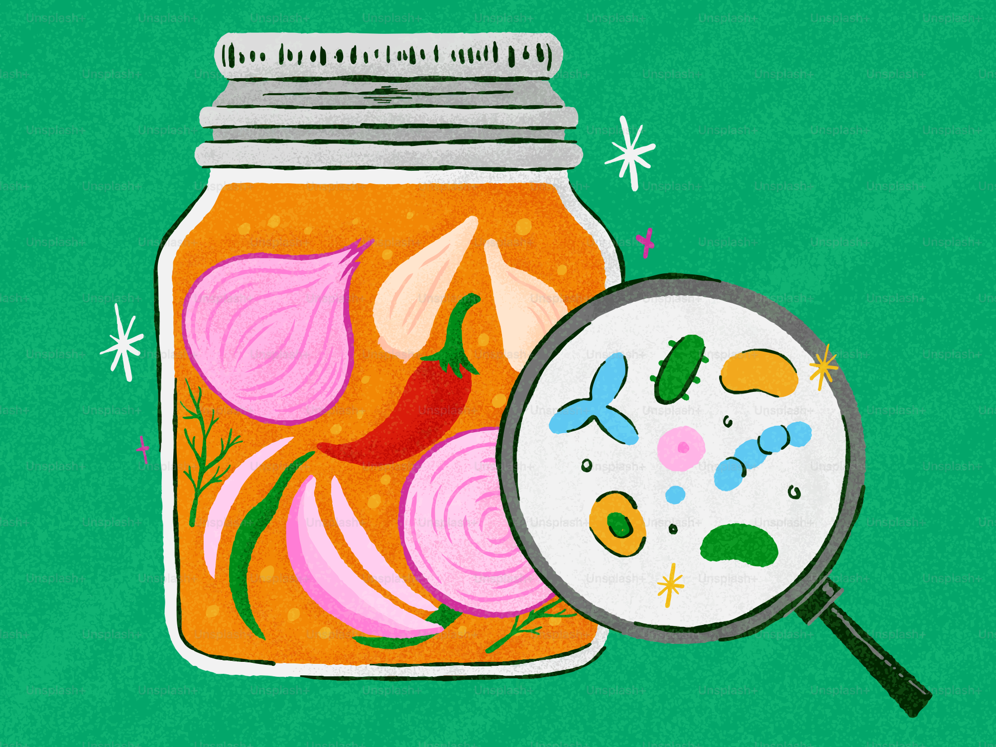 Tarro de verduras en escabeche con una lupa que muestra microbios.