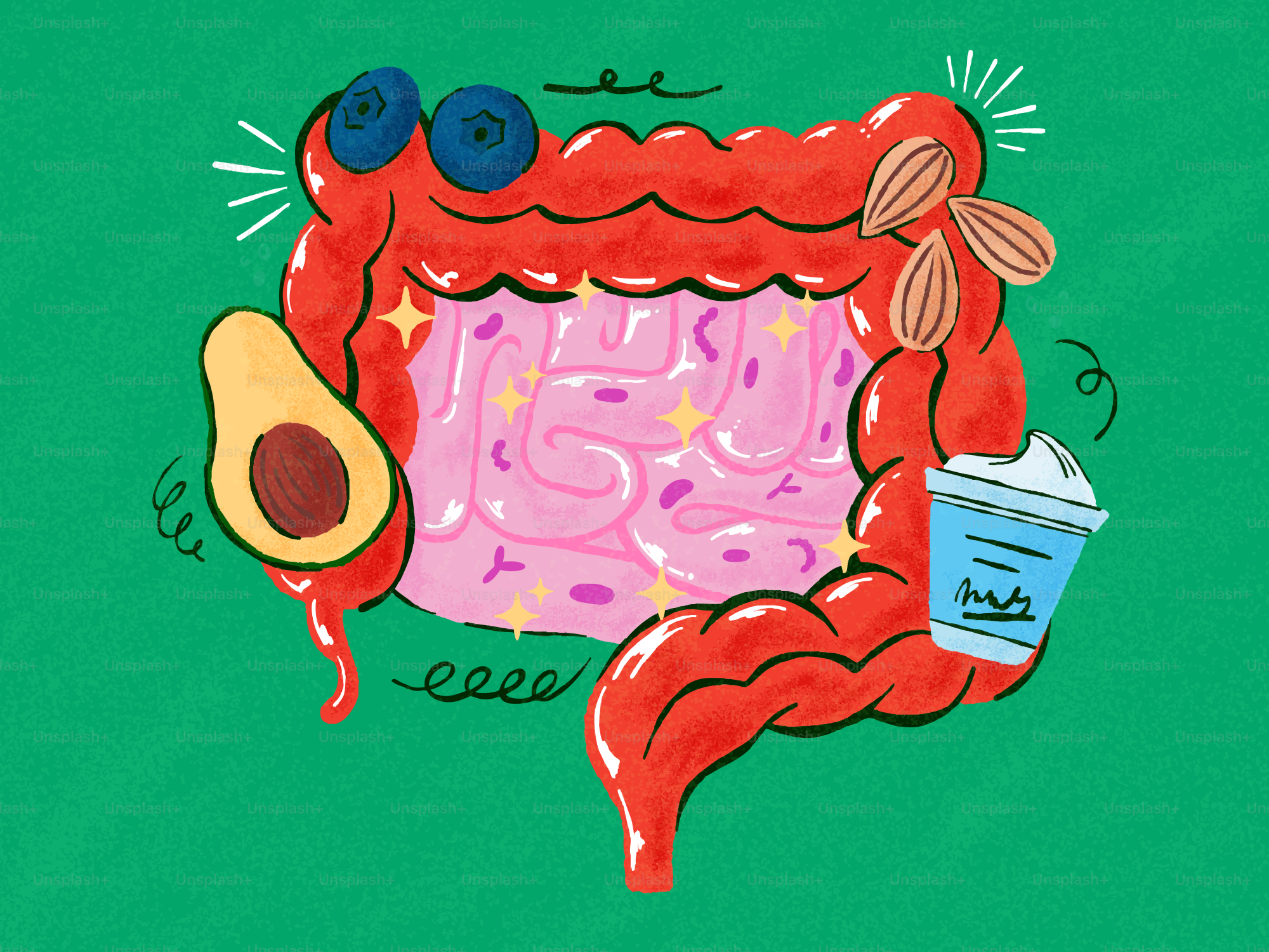 Intestino sano con aguacate, arándanos, almendras y batido