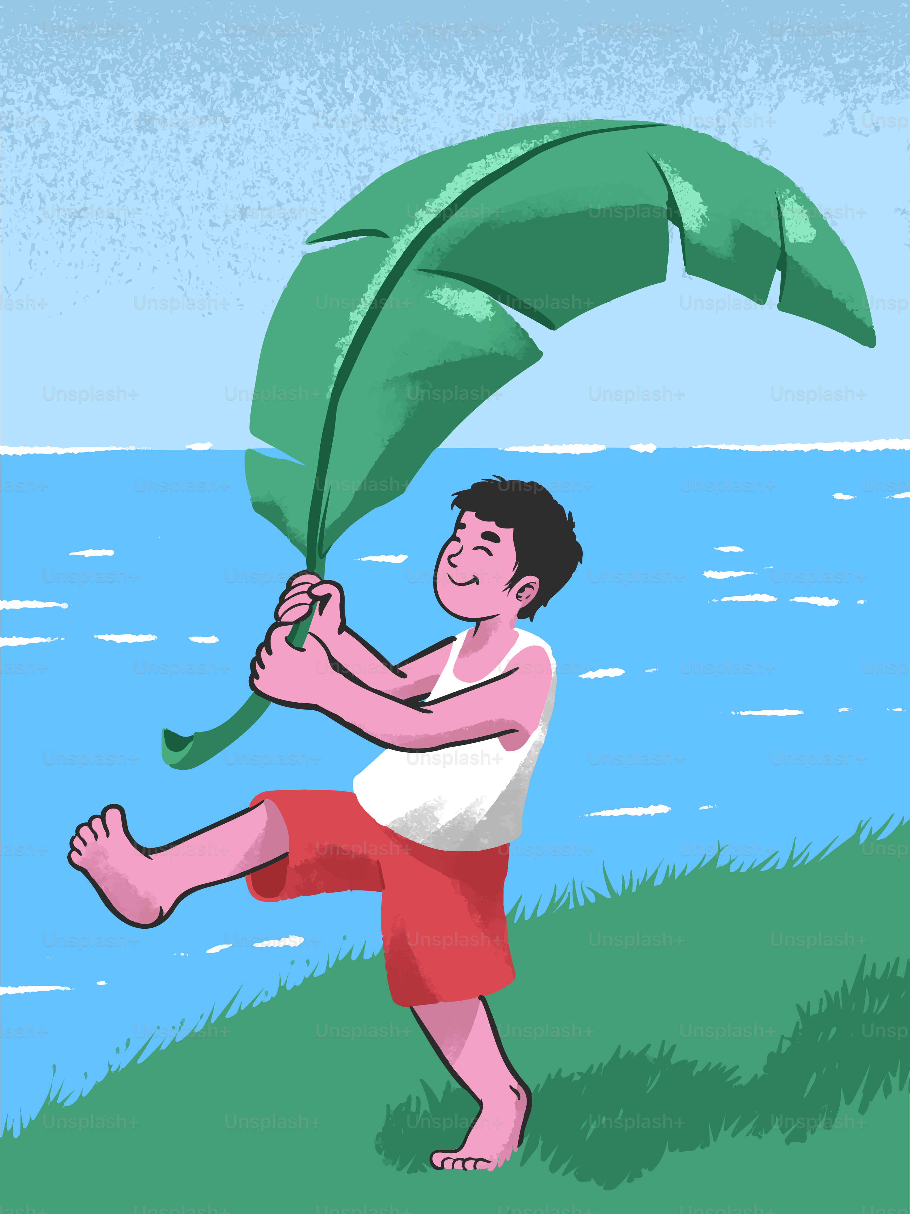 Garçon tenant une grande feuille verte comme un parapluie près de l’eau