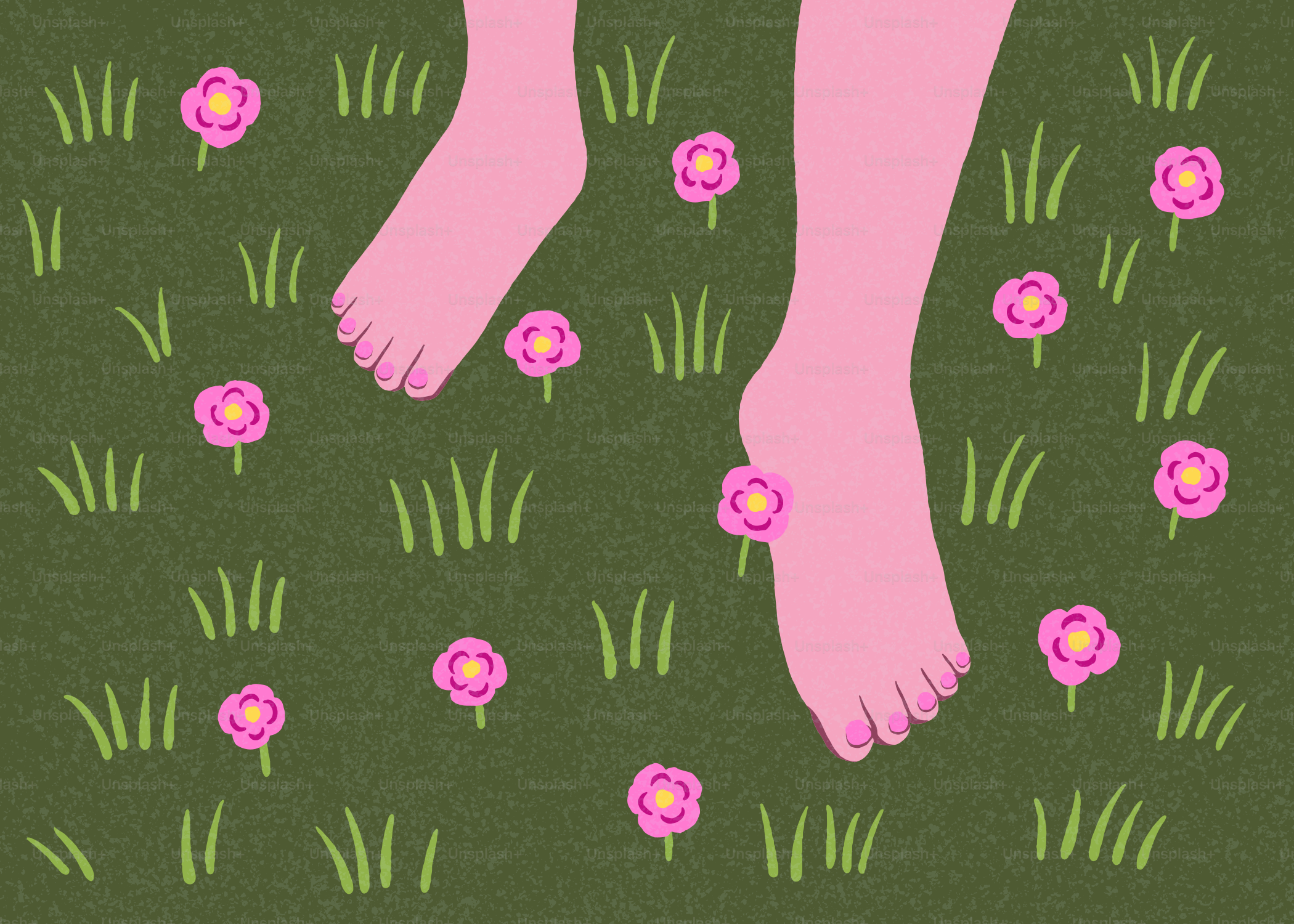 맨발로 풀밭과 꽃 사이를 걷다