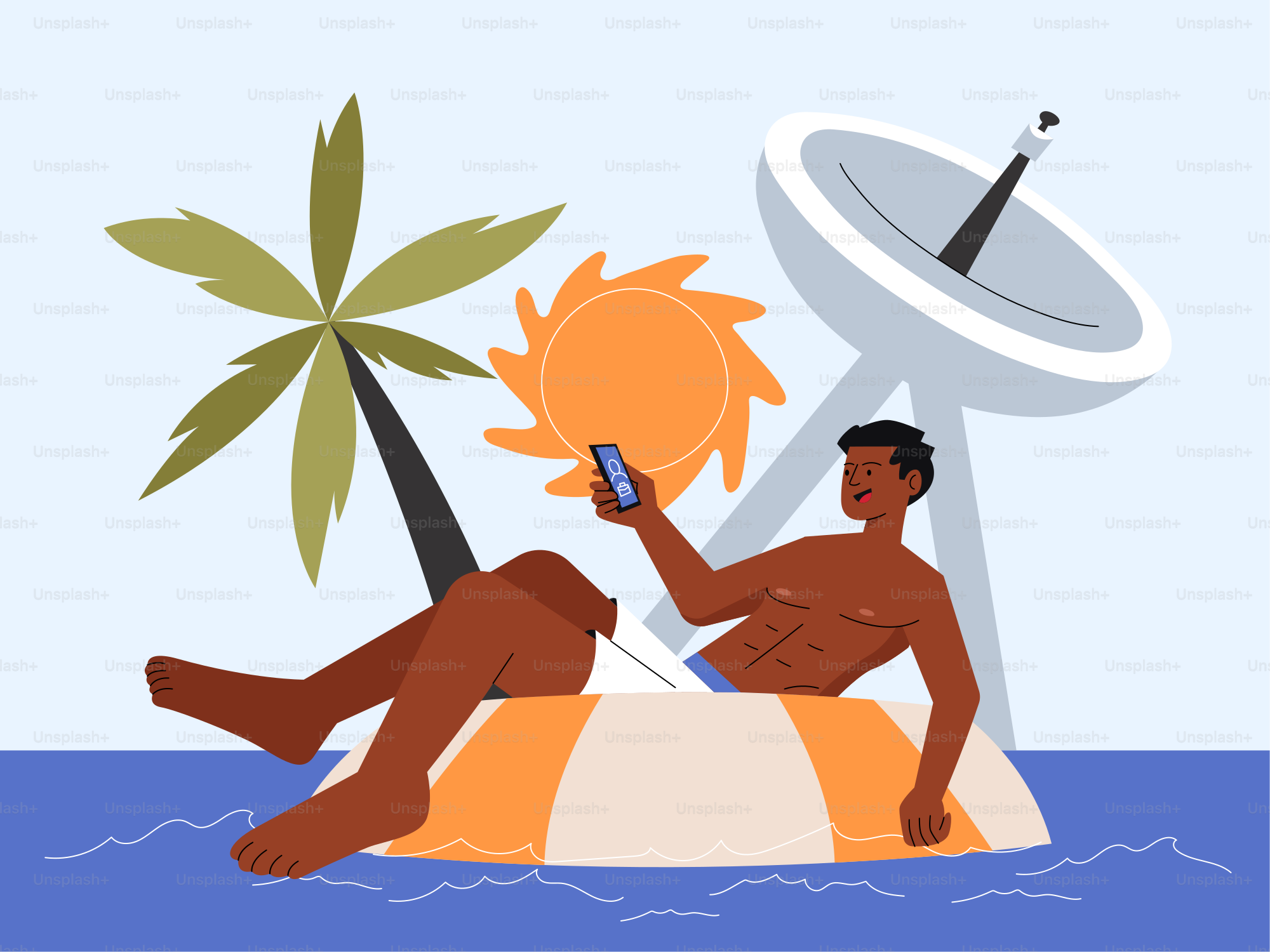 Homme qui se détend sur un gonflable avec un téléphone près de l’antenne parabole