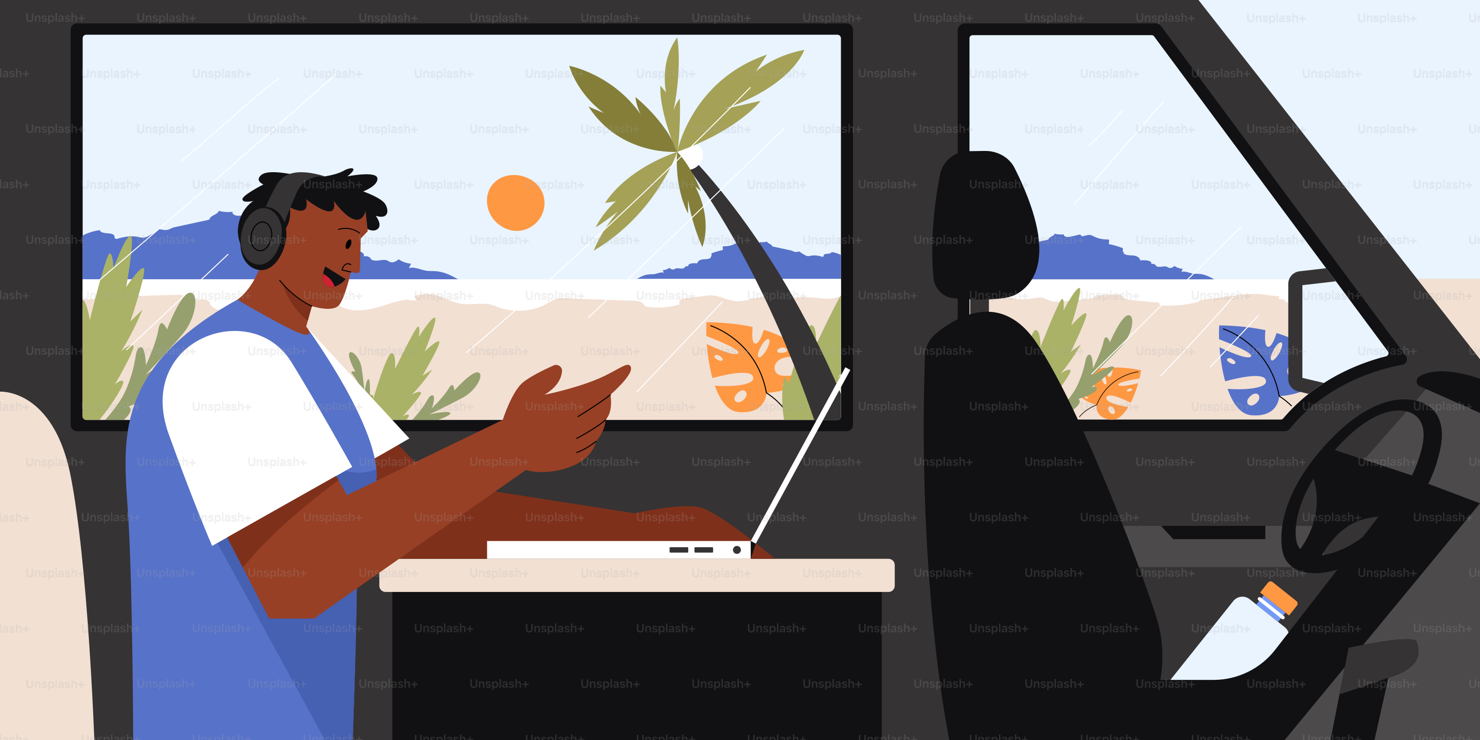 Un homme travaillant sur un ordinateur portable à l’intérieur d’un véhicule avec vue sur la plage