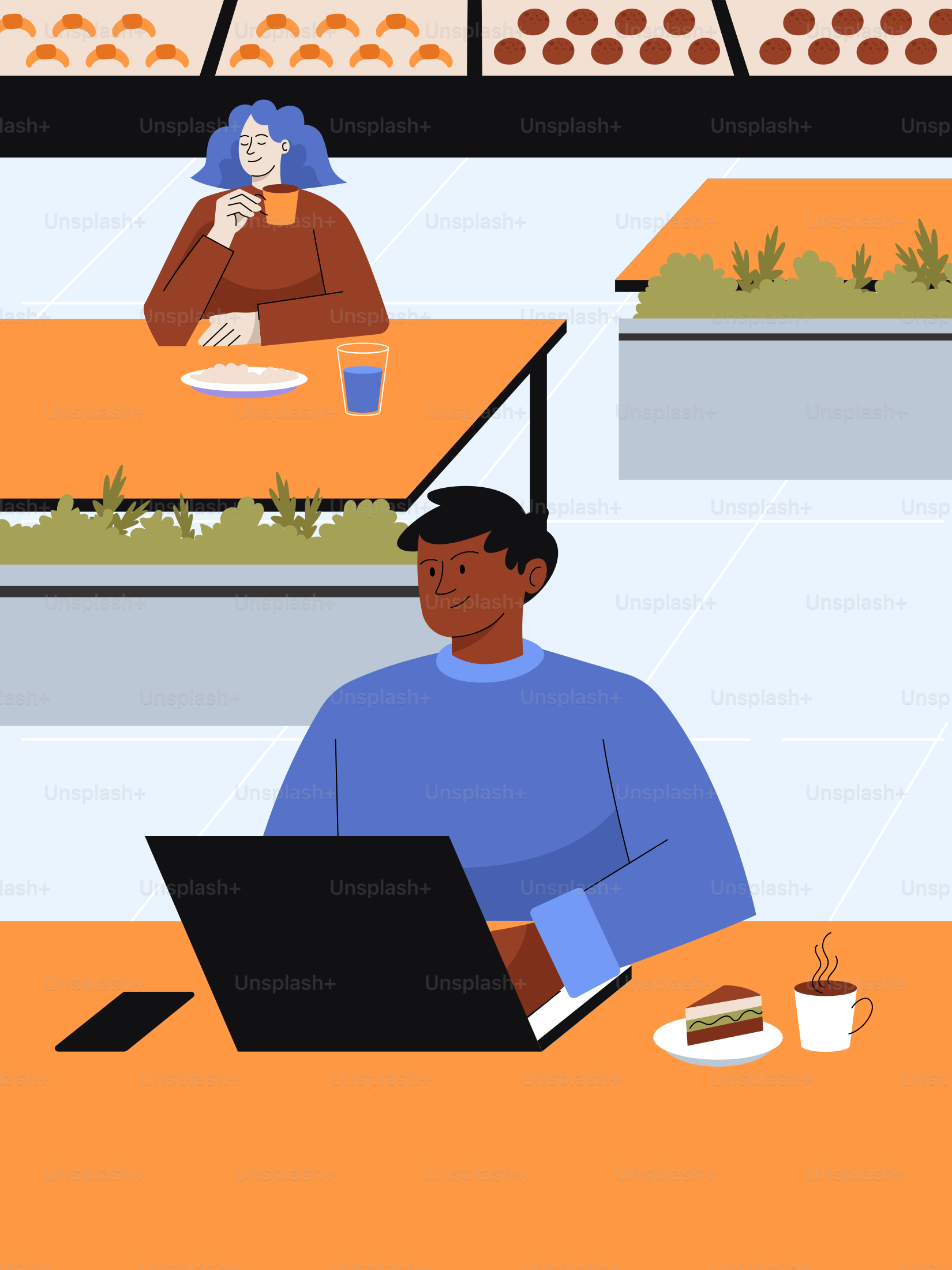 Un homme qui travaille sur un ordinateur portable dans un café avec un dessert et un café.