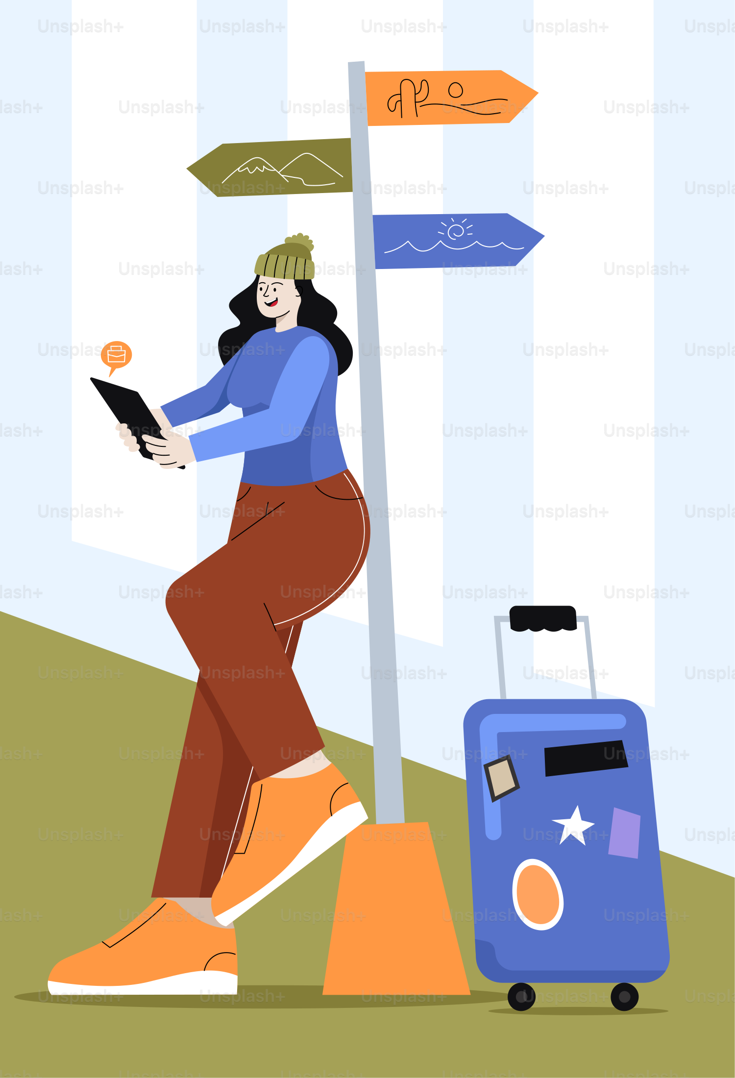 Femme avec une valise vérifie son itinéraire au panneau de signalisation