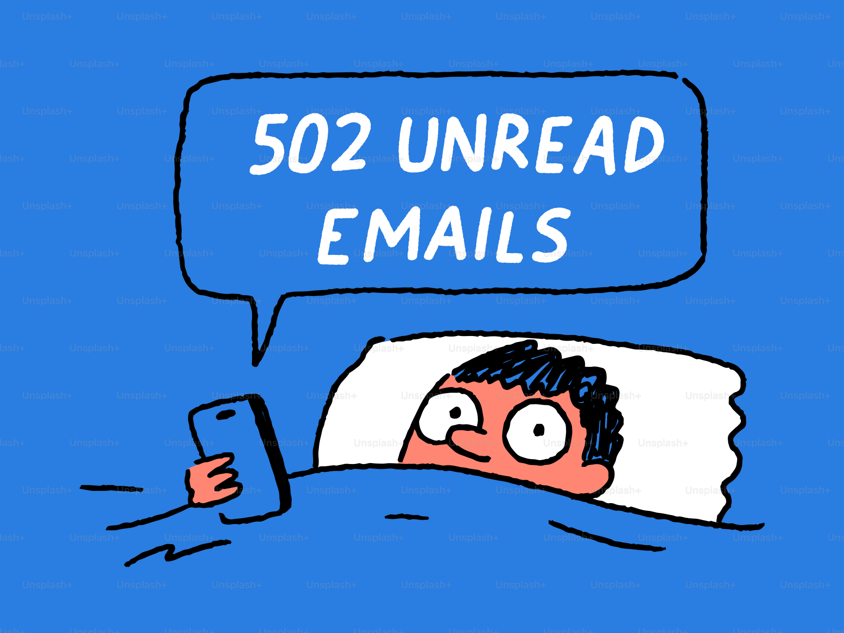 Pessoa na cama com 502 e-mails não lidos no telefone