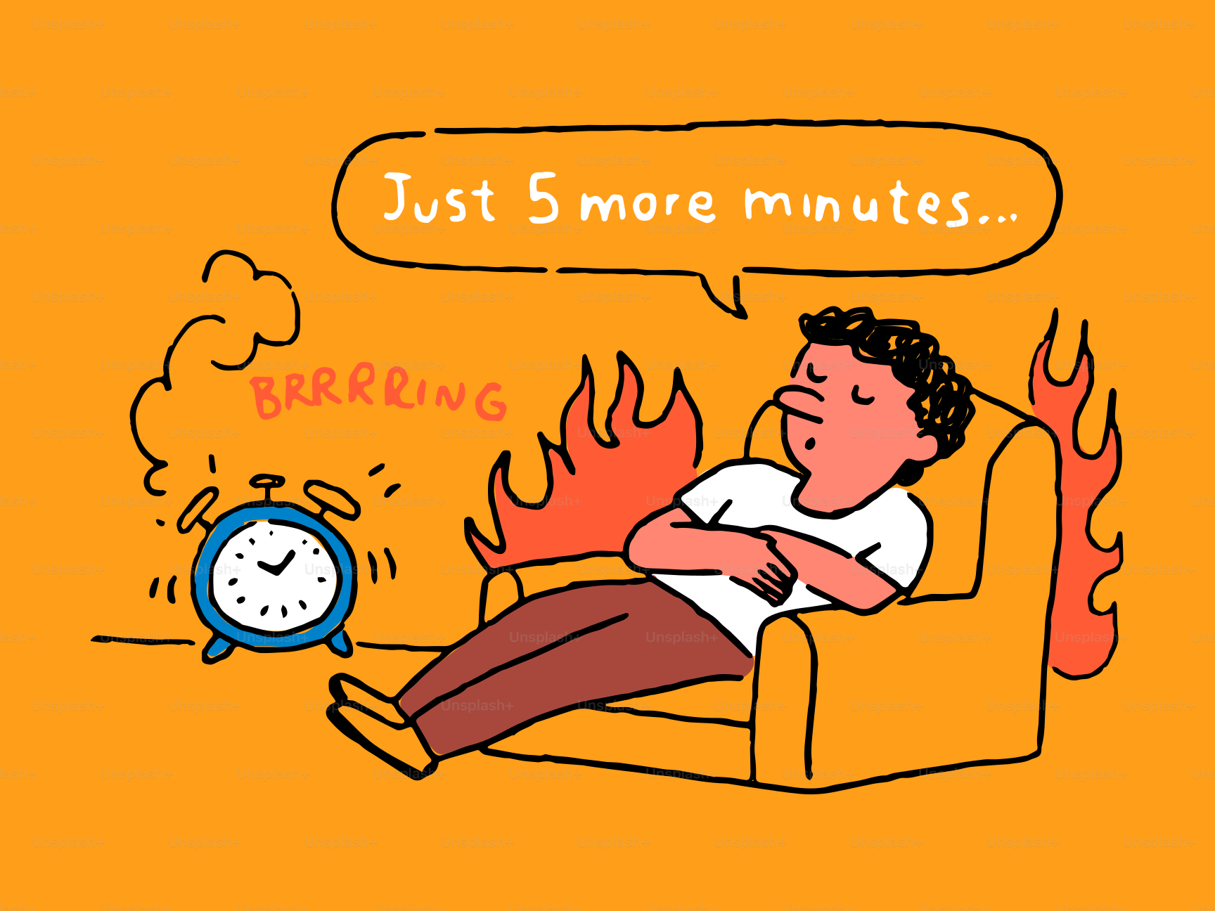 Homem dorme em um quarto em chamas com despertador tocando.