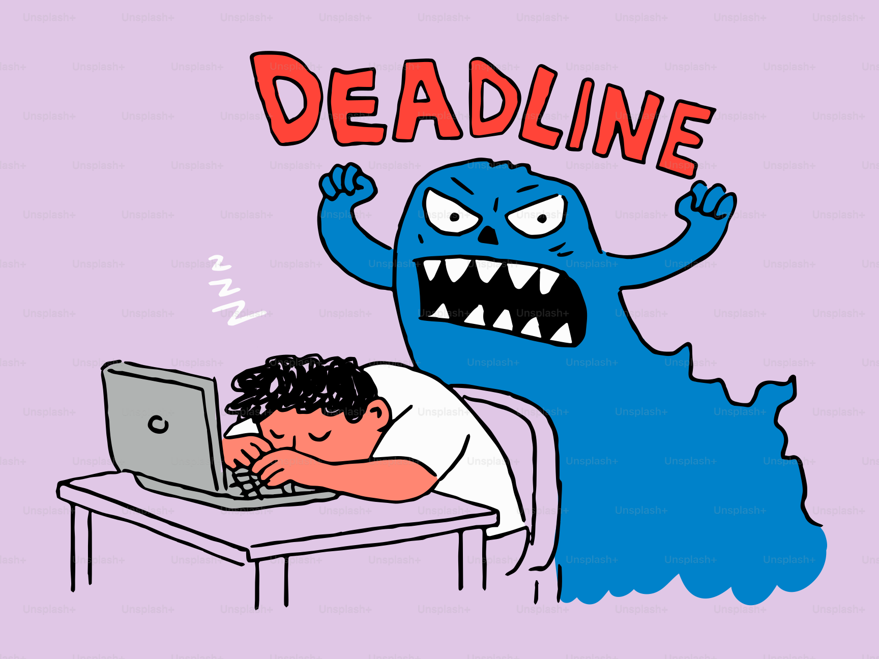 Pessoa assustada dormindo na mesa com o monstro do prazo à vista
