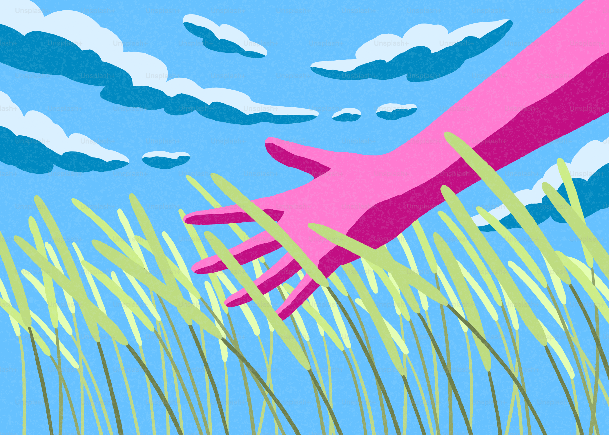 푸른 하늘 아래 키 큰 풀밭 사이로 뻗어나오는 분홍 손