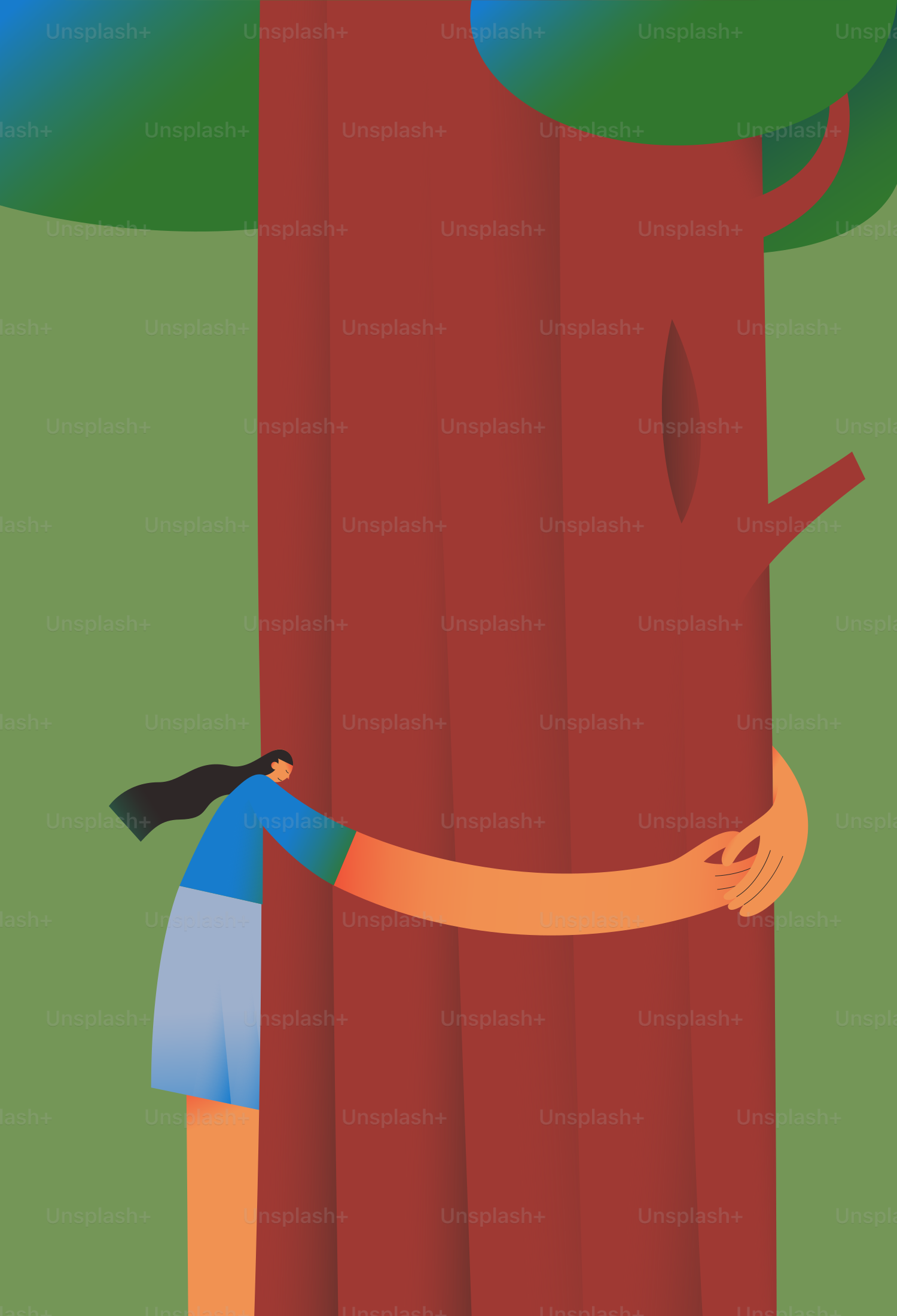Person, die einen großen Baum im Wald umarmt.
