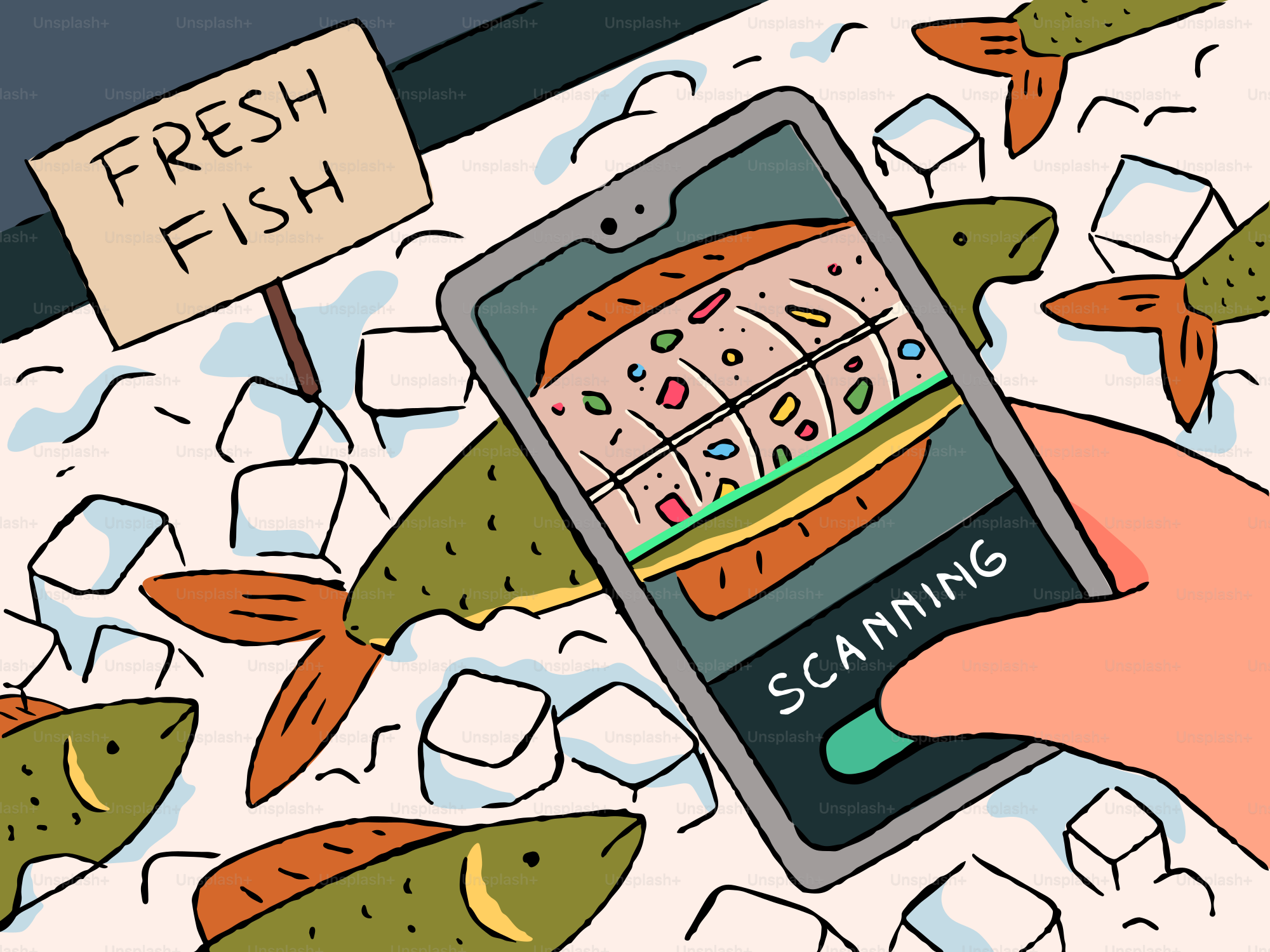 手持ちでスマホをスキャンしながら、市場で魚をスキャンしています。