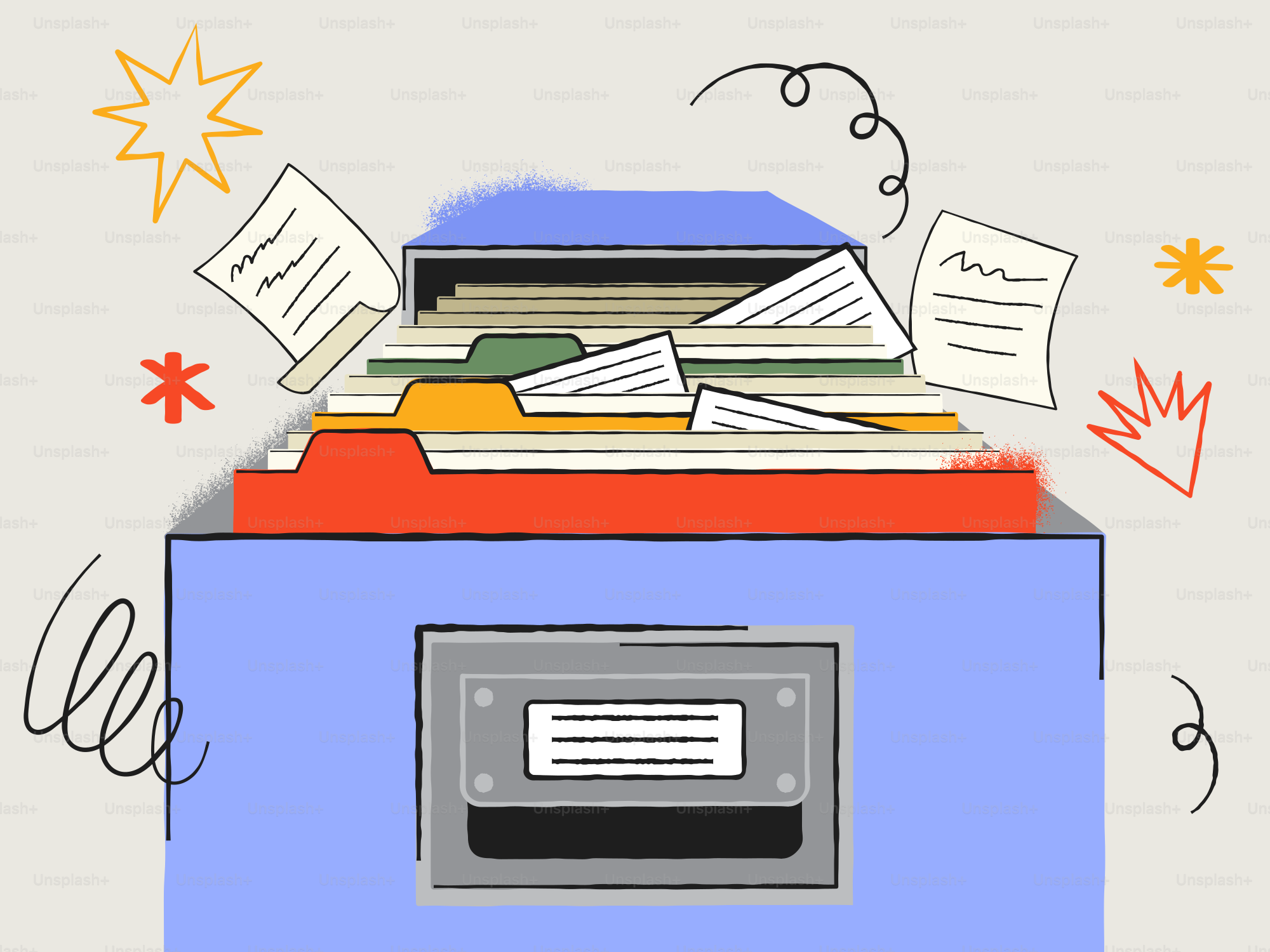 Der Aktenschrank ist überfüllt mit Dokumenten und Papieren.