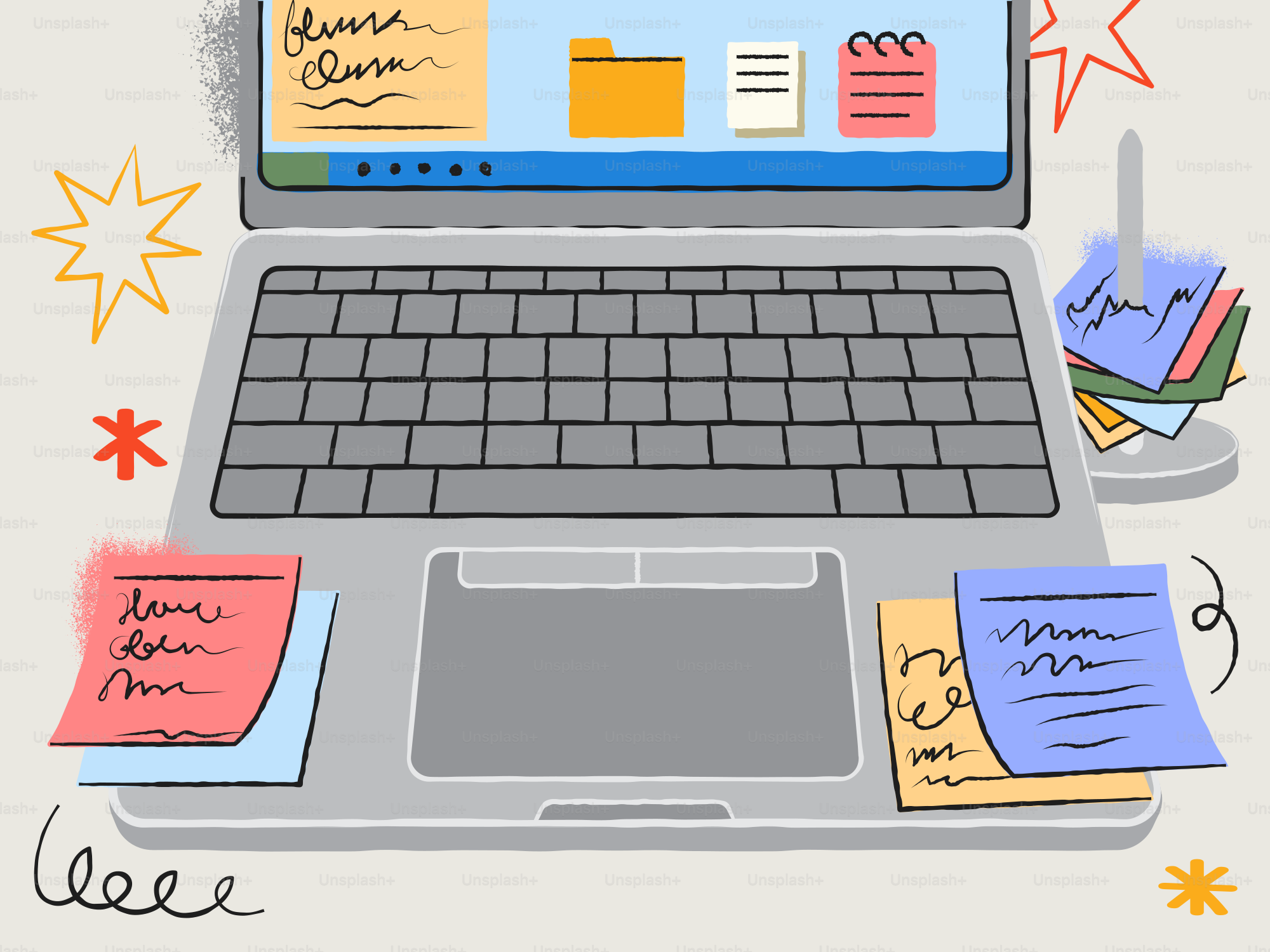 Portátil con notas adhesivas e iconos en pantalla.