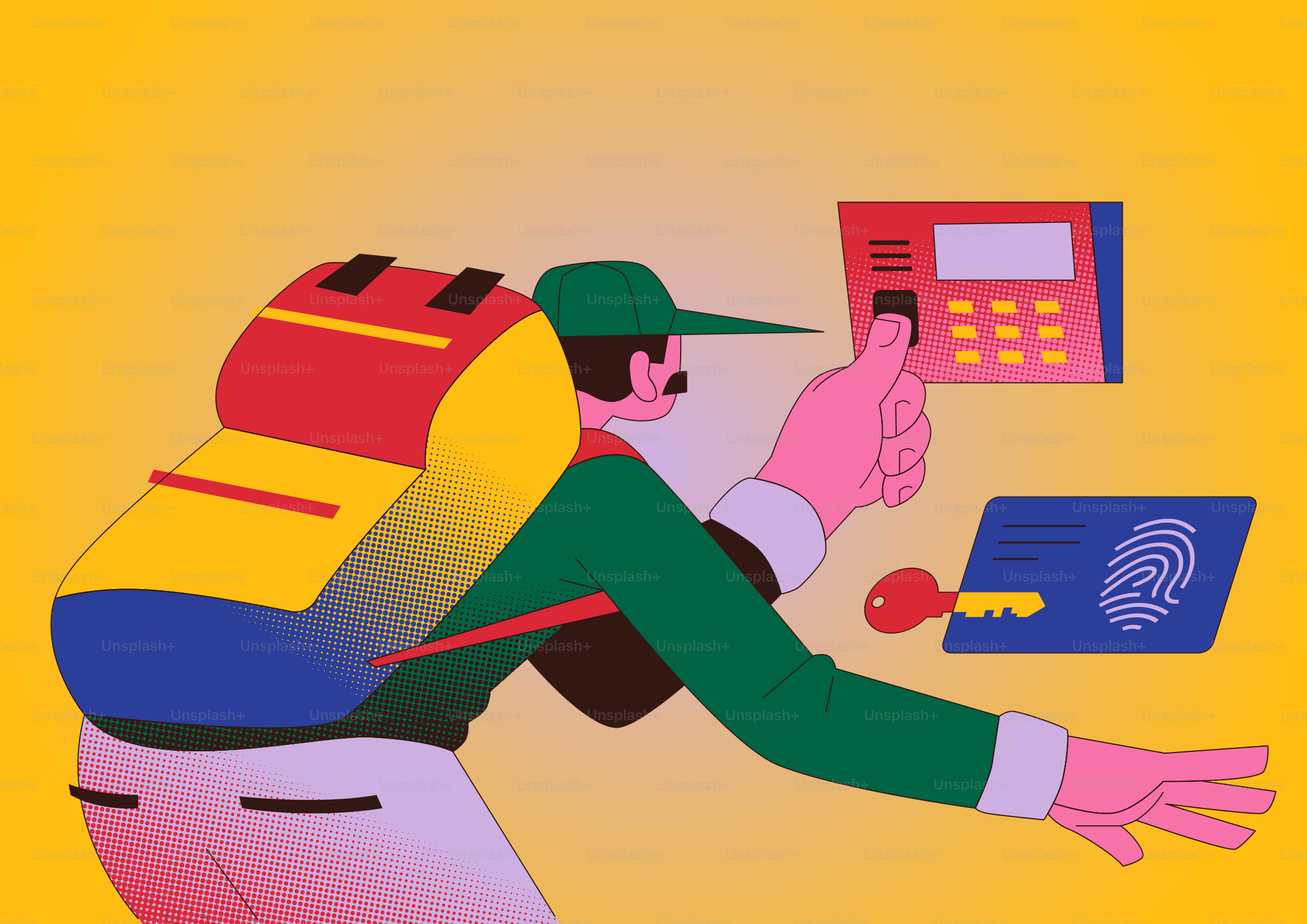 Un homme avec un sac à dos utilise un lecteur d’empreintes digitales pour la sécurité.