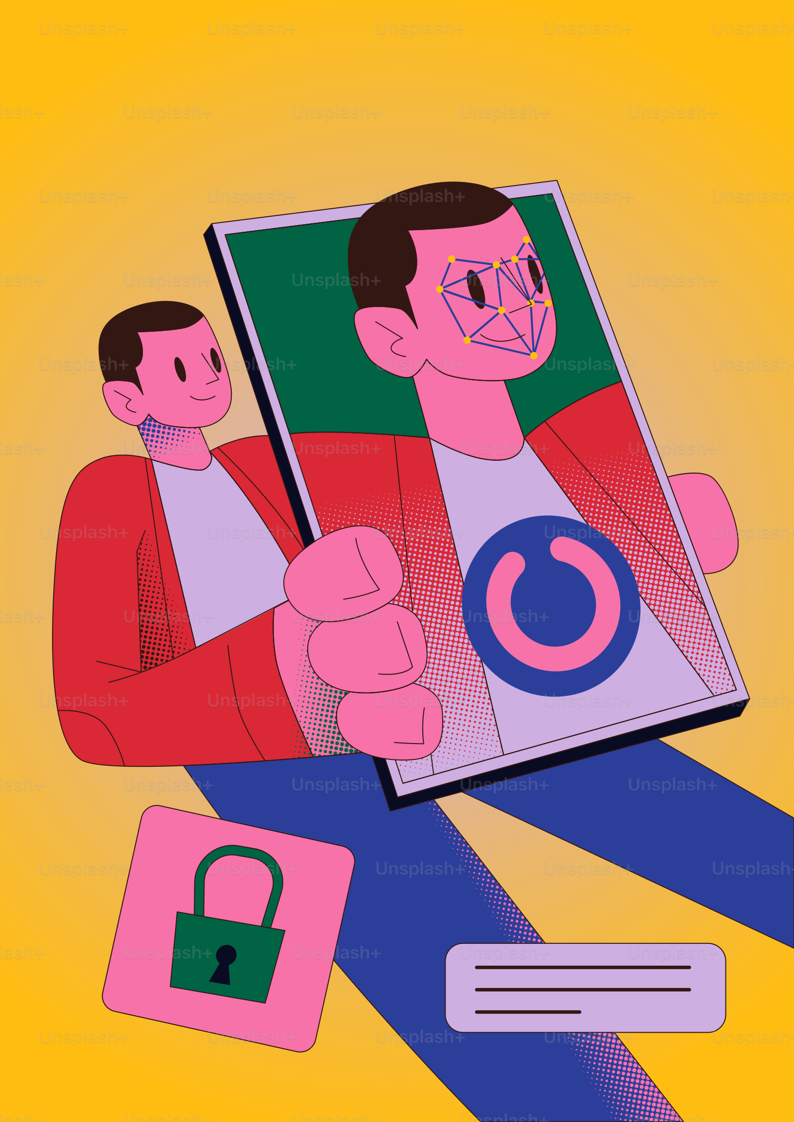 Homme tenant une tablette montrant une icône de scan numérique du visage et de verrouillage