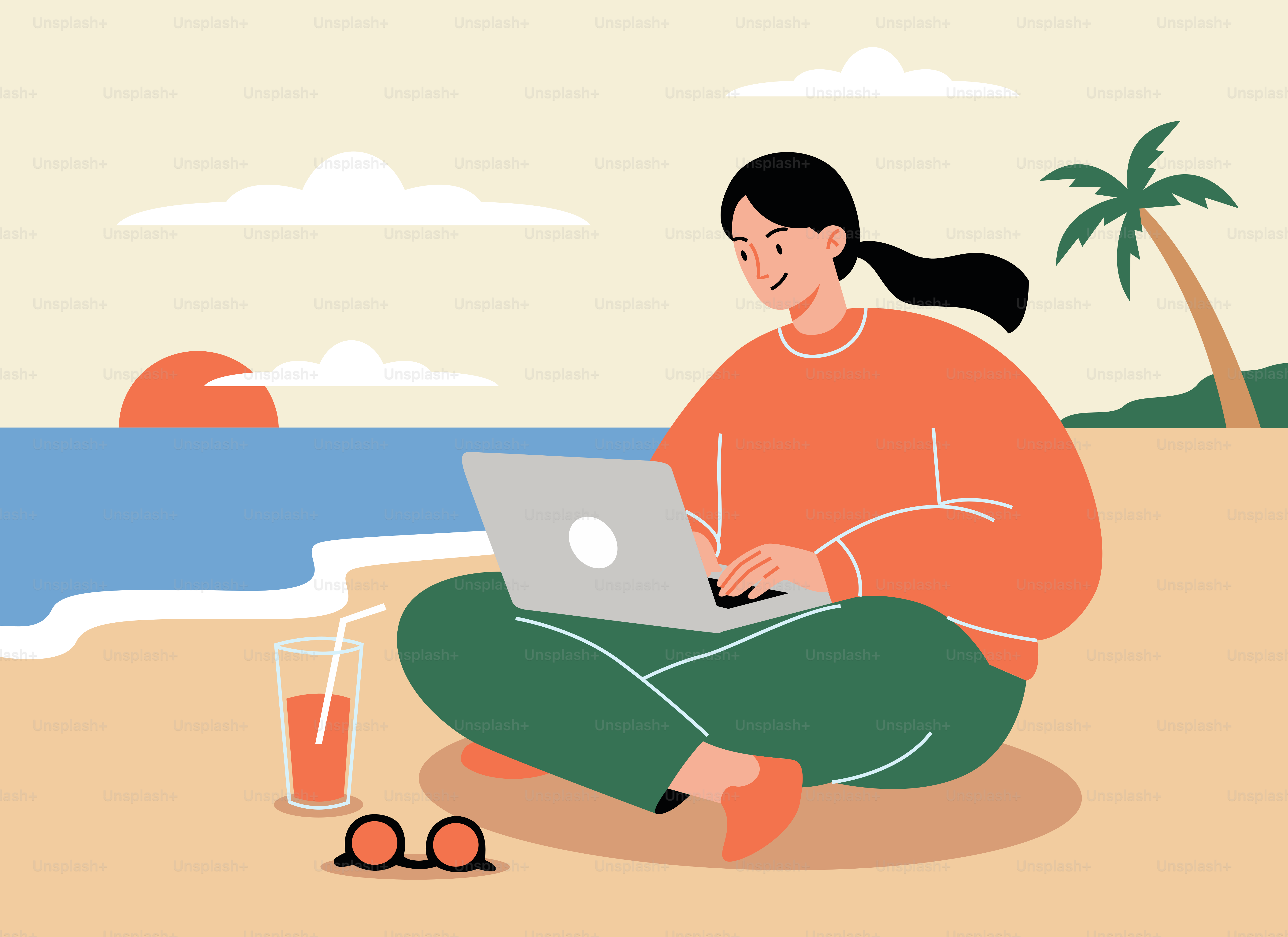 Wanita bekerja di laptop di pantai saat matahari terbenam