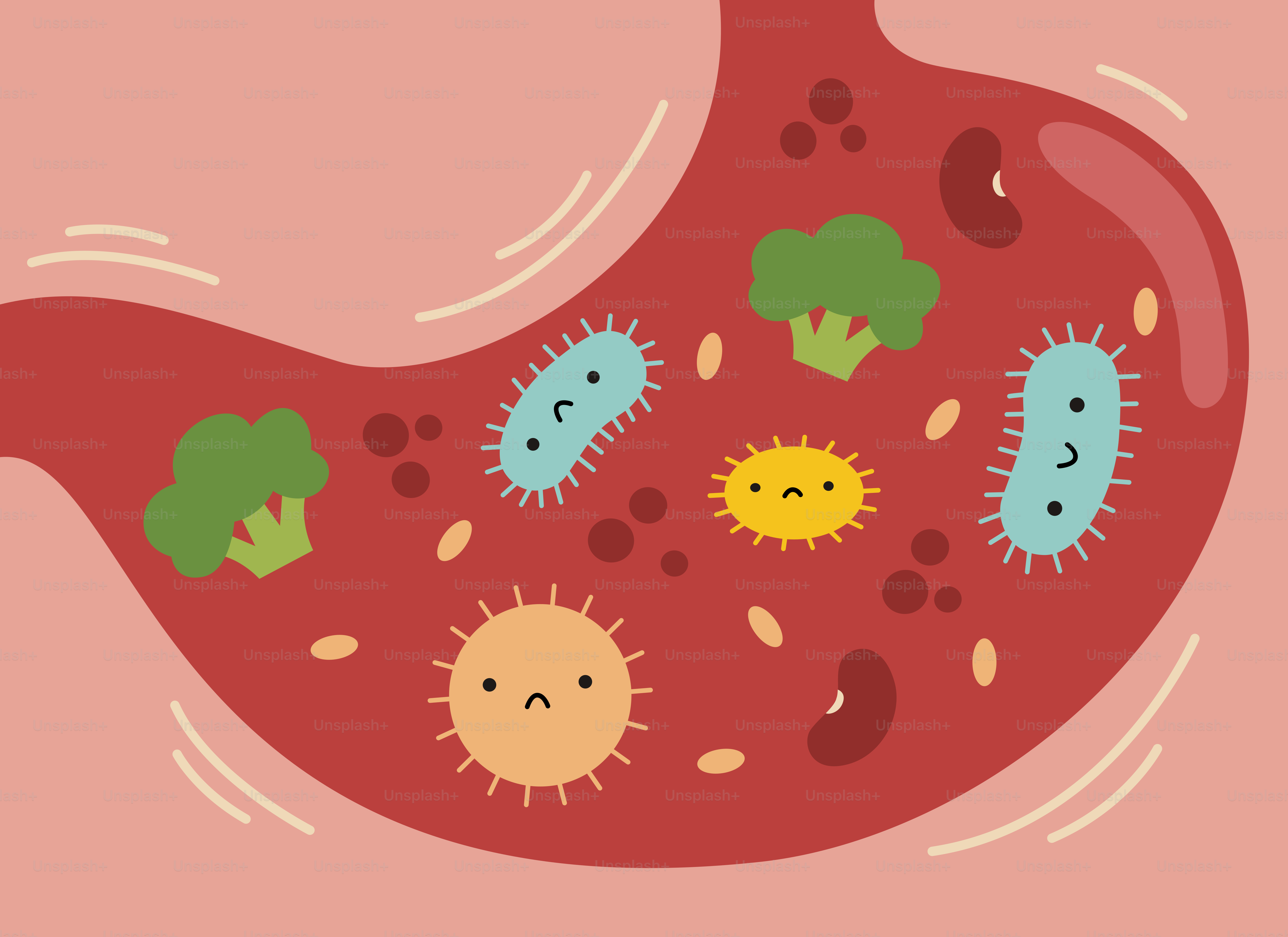 Estômago de desenho animado cheio de bactérias e comida