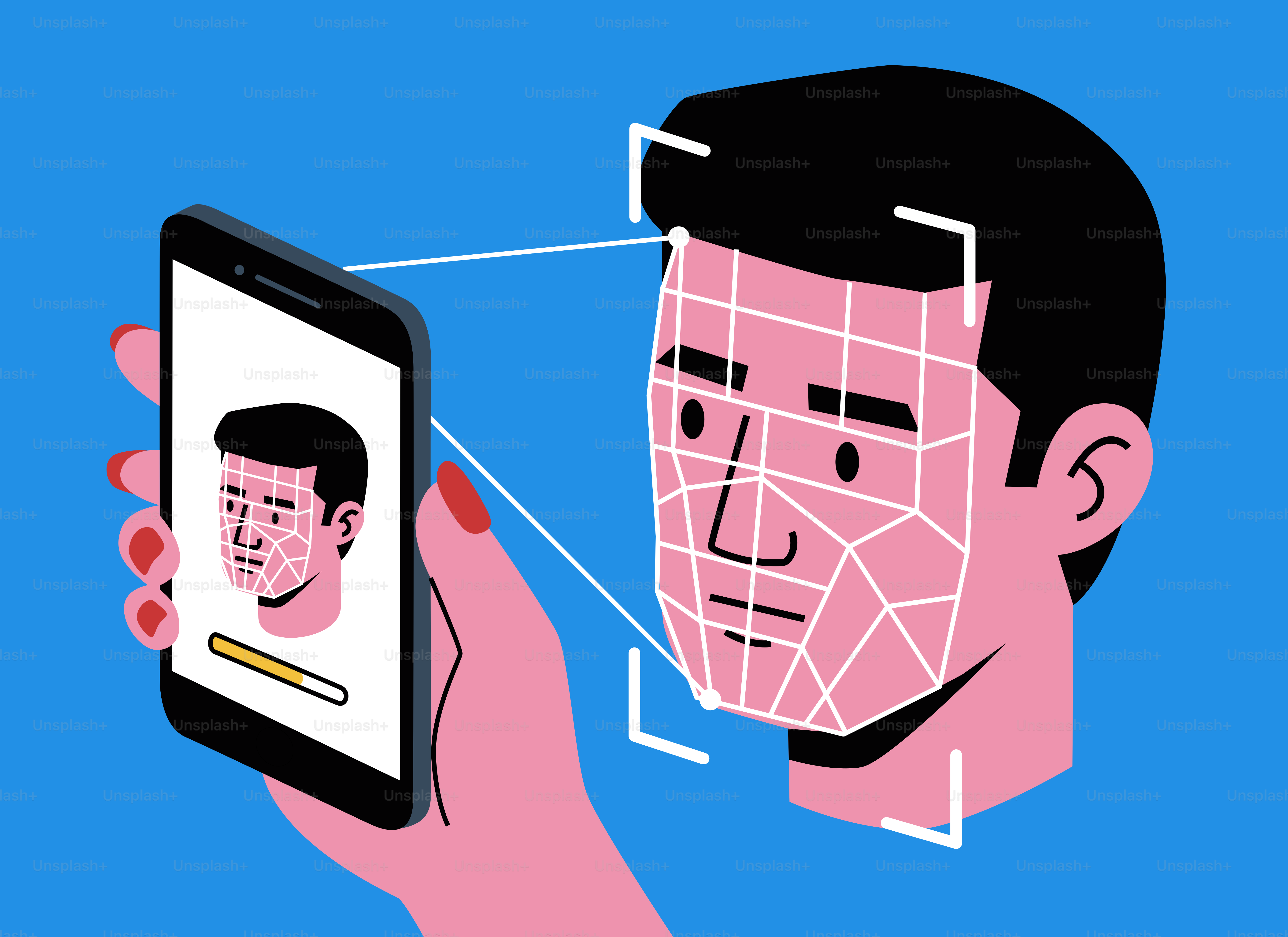 얼굴 인식 기술이 남성의 얼굴을 스캔합니다.