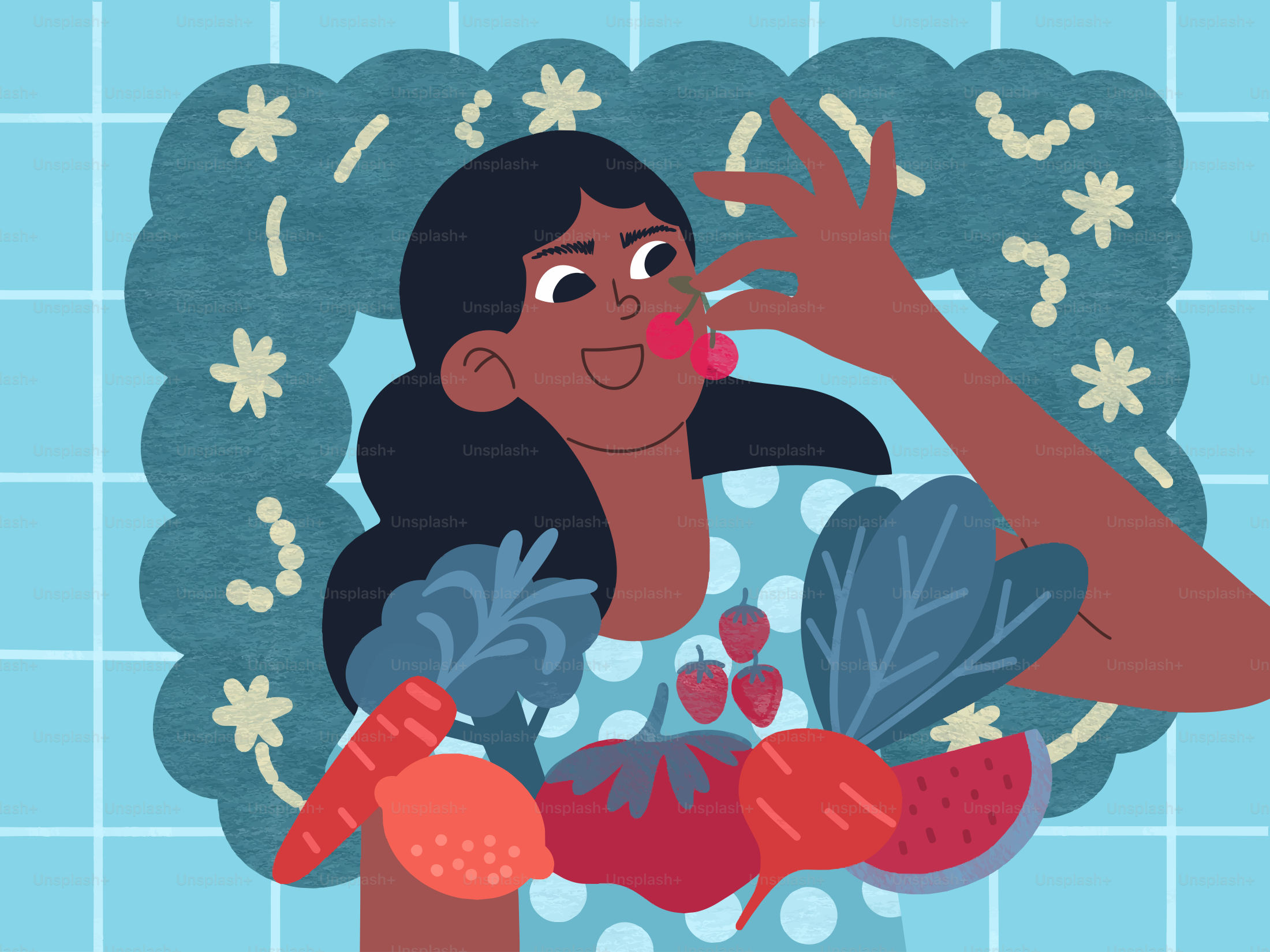 Wanita makan stroberi dengan sayuran segar