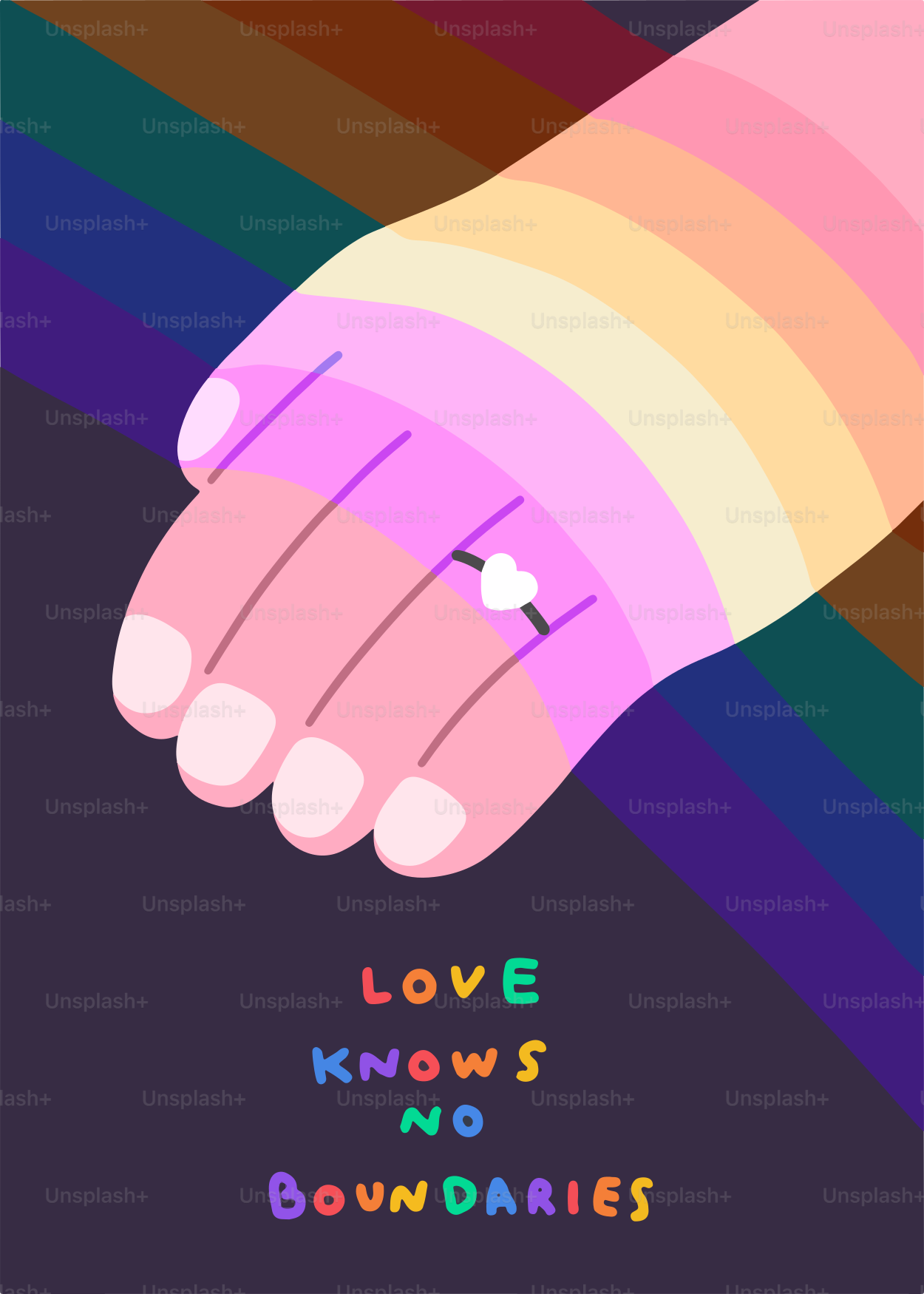 Main avec des couleurs arc-en-ciel et une bague en forme de cœur
