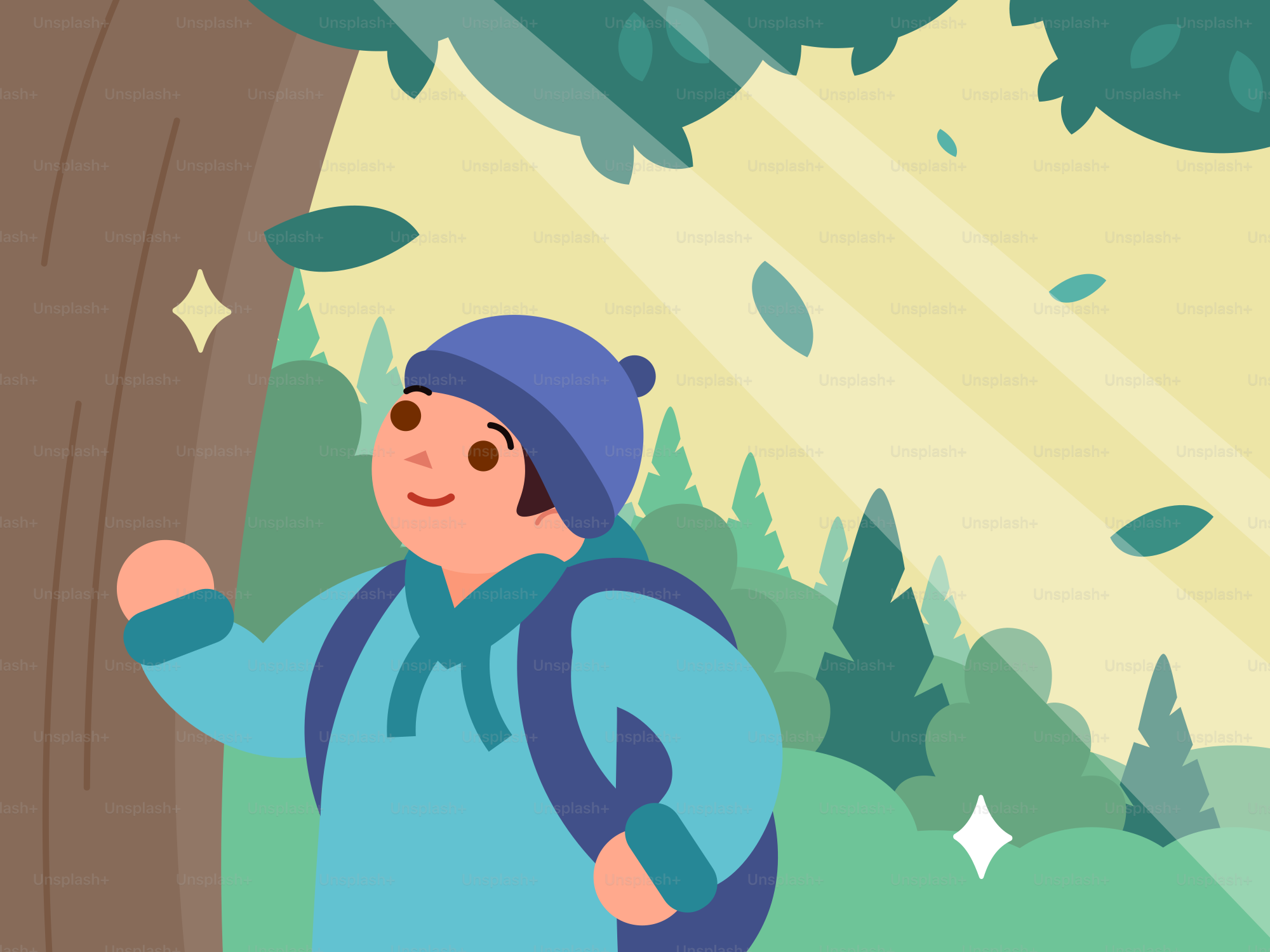 Un bambino in abiti invernali cammina attraverso una foresta illuminata dal sole.