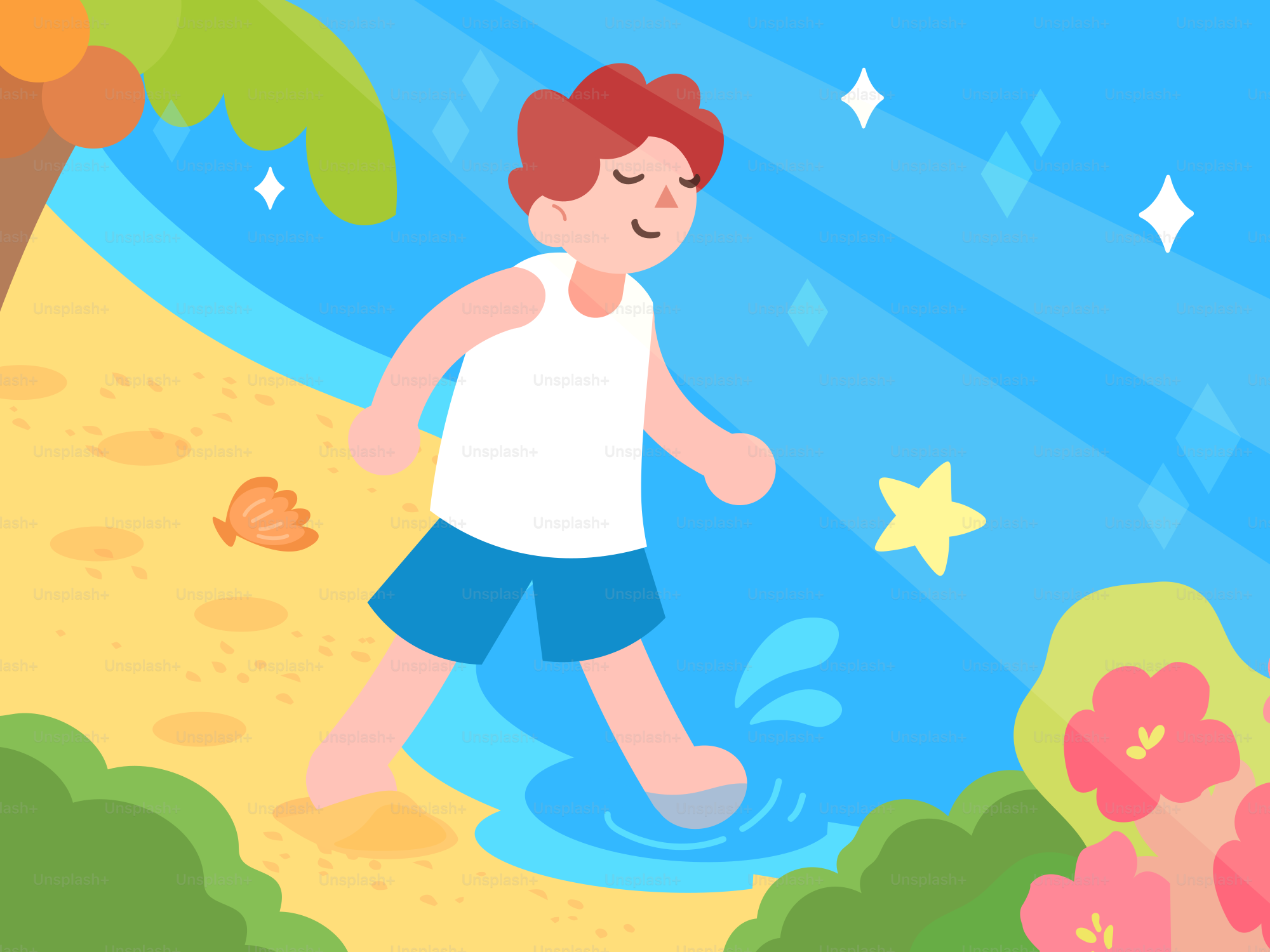 Seorang anak laki-laki berjalan di sepanjang pantai yang cerah di dekat lautan.
