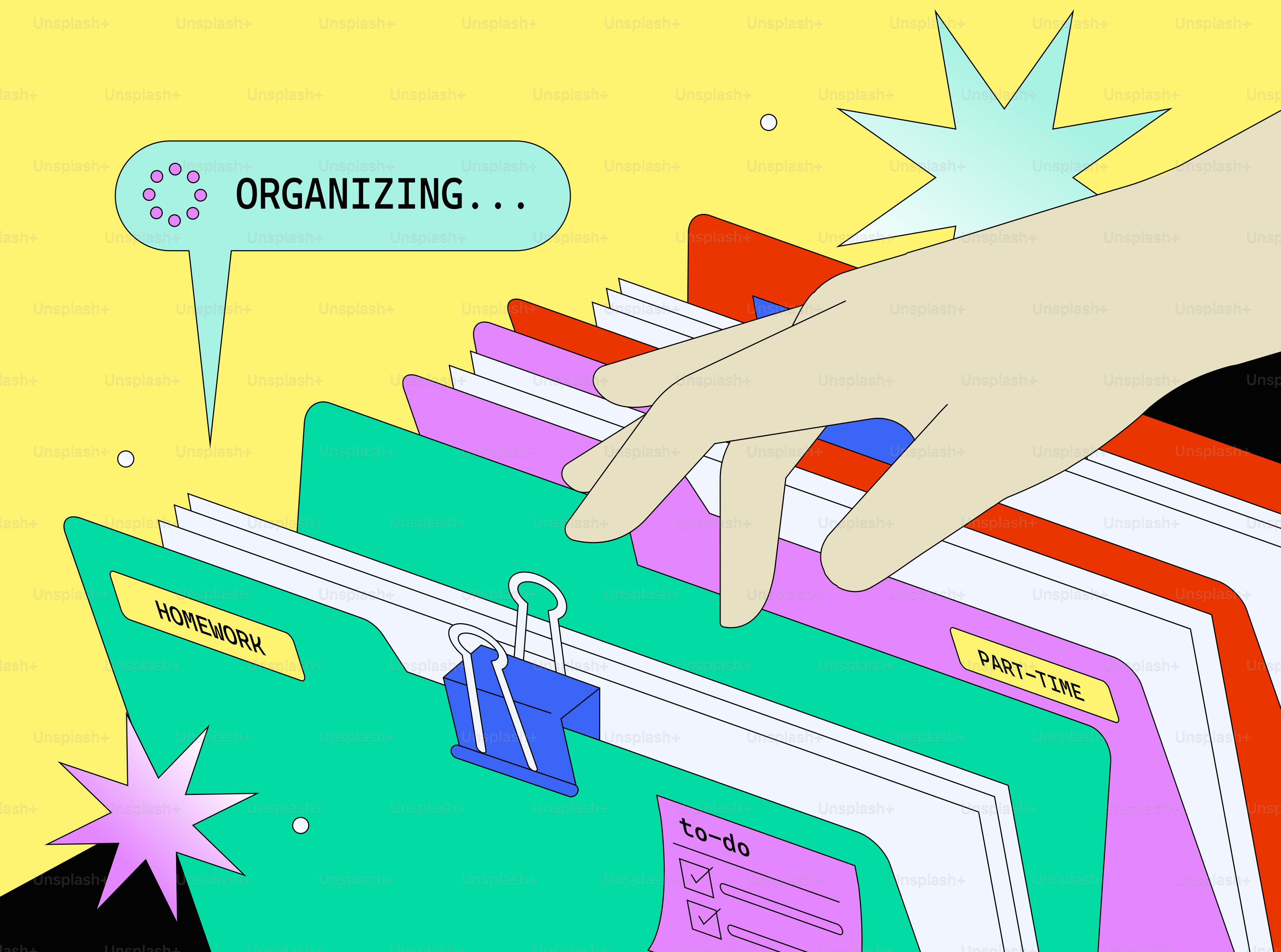 Hand organizing colorful files and folders