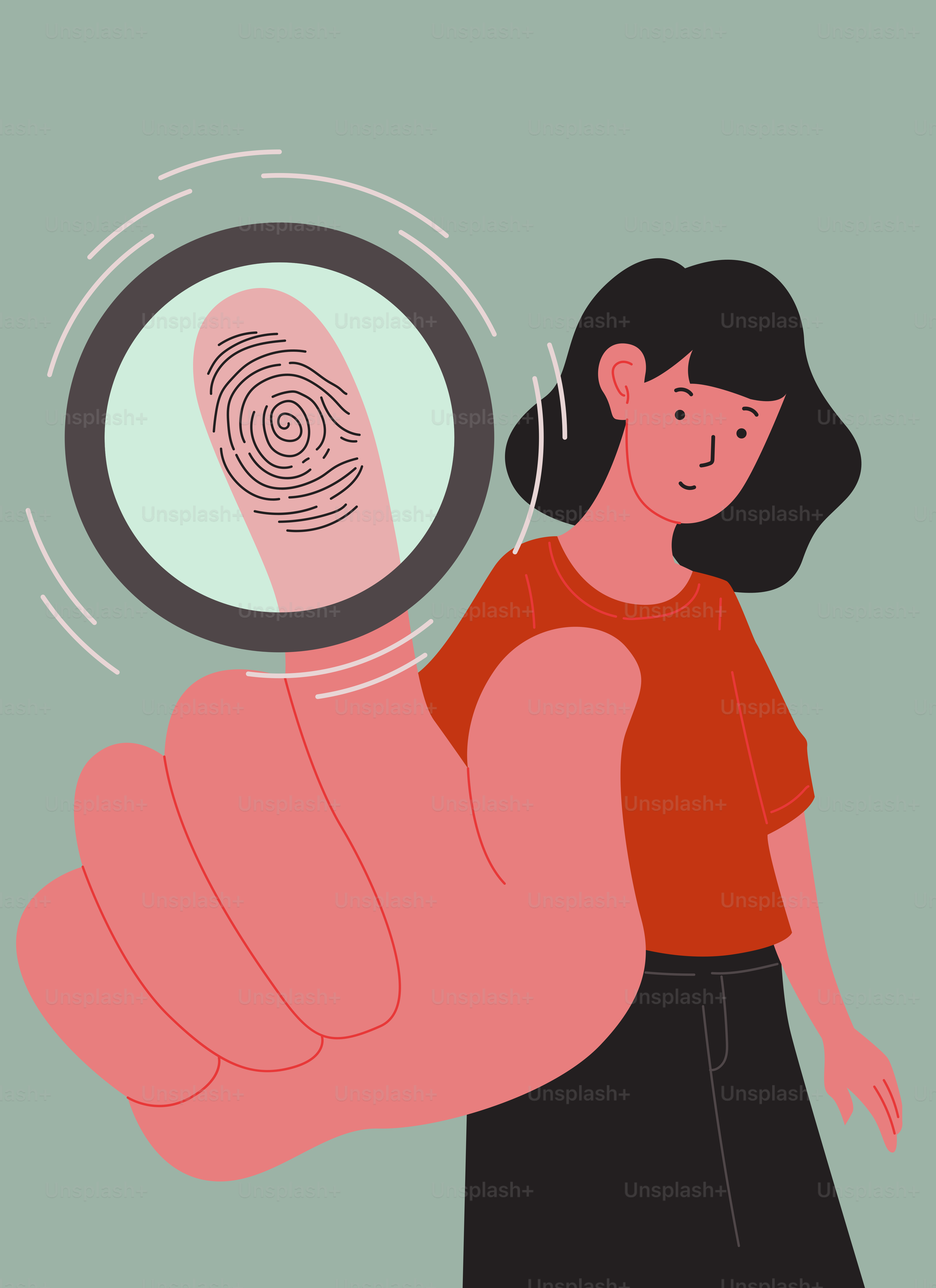 Woman examining a fingerprint under a magnifying glass.