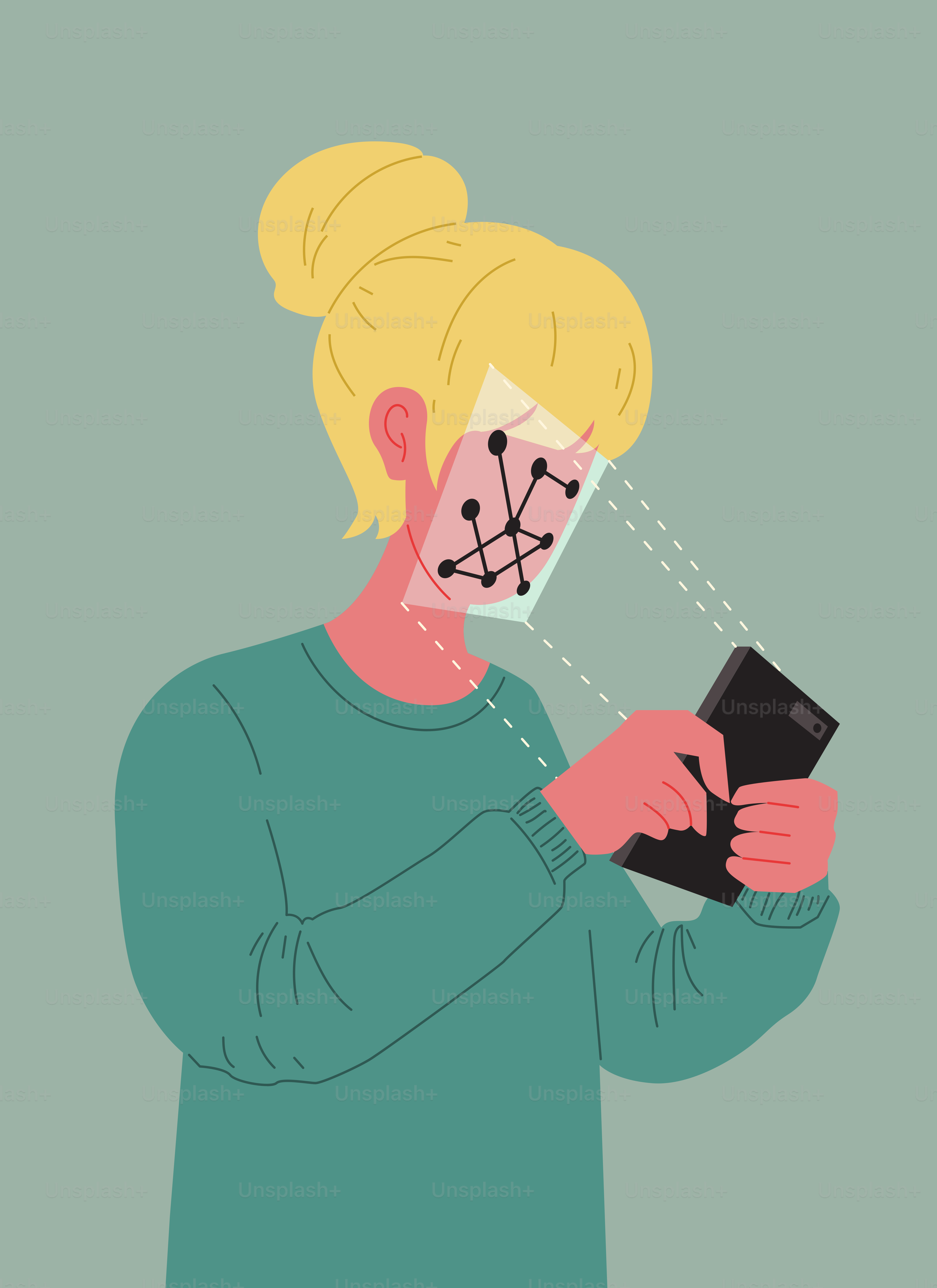 Mulher usando smartphone com tecnologia de reconhecimento facial