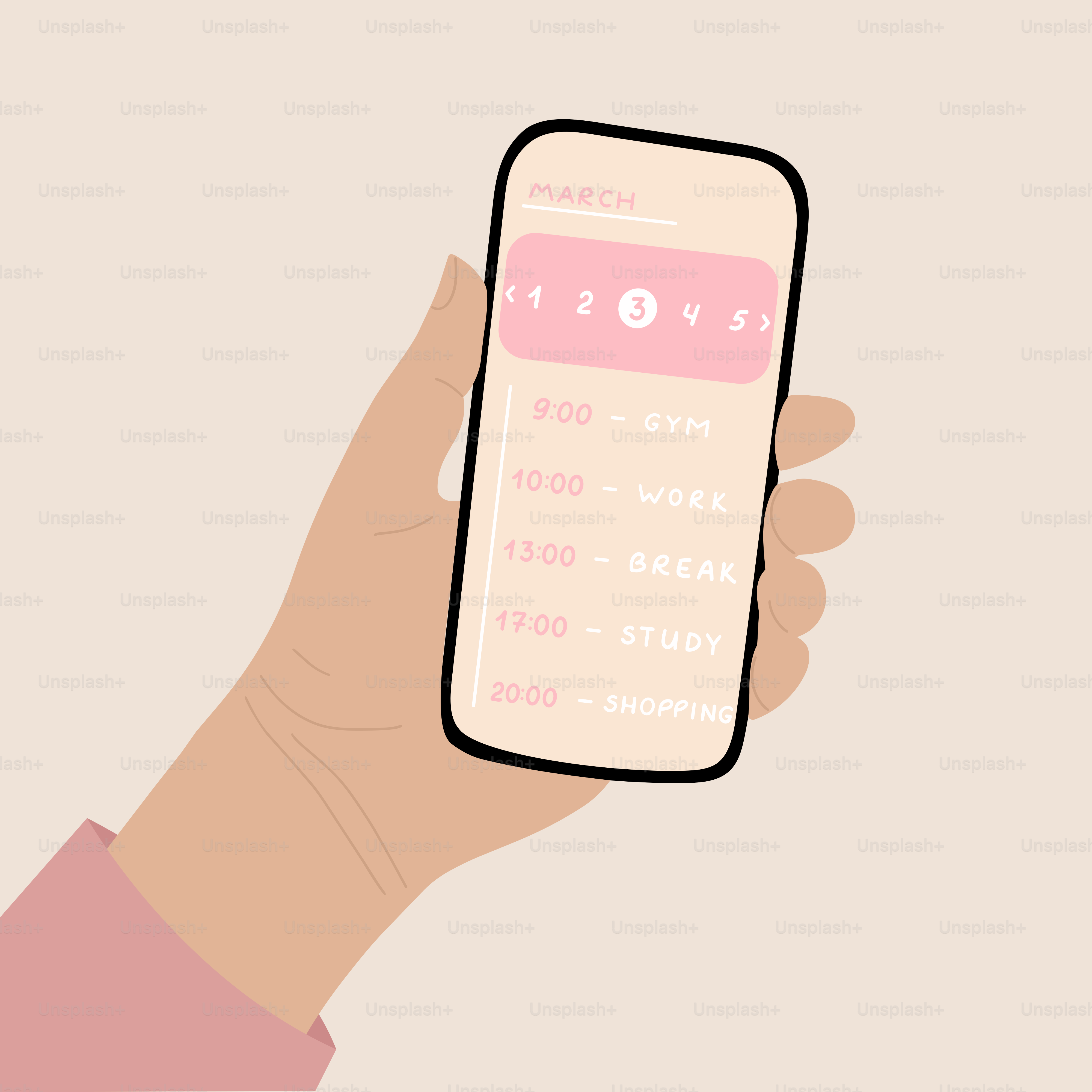 Téléphone tenant la main affichant l’emploi du temps quotidien