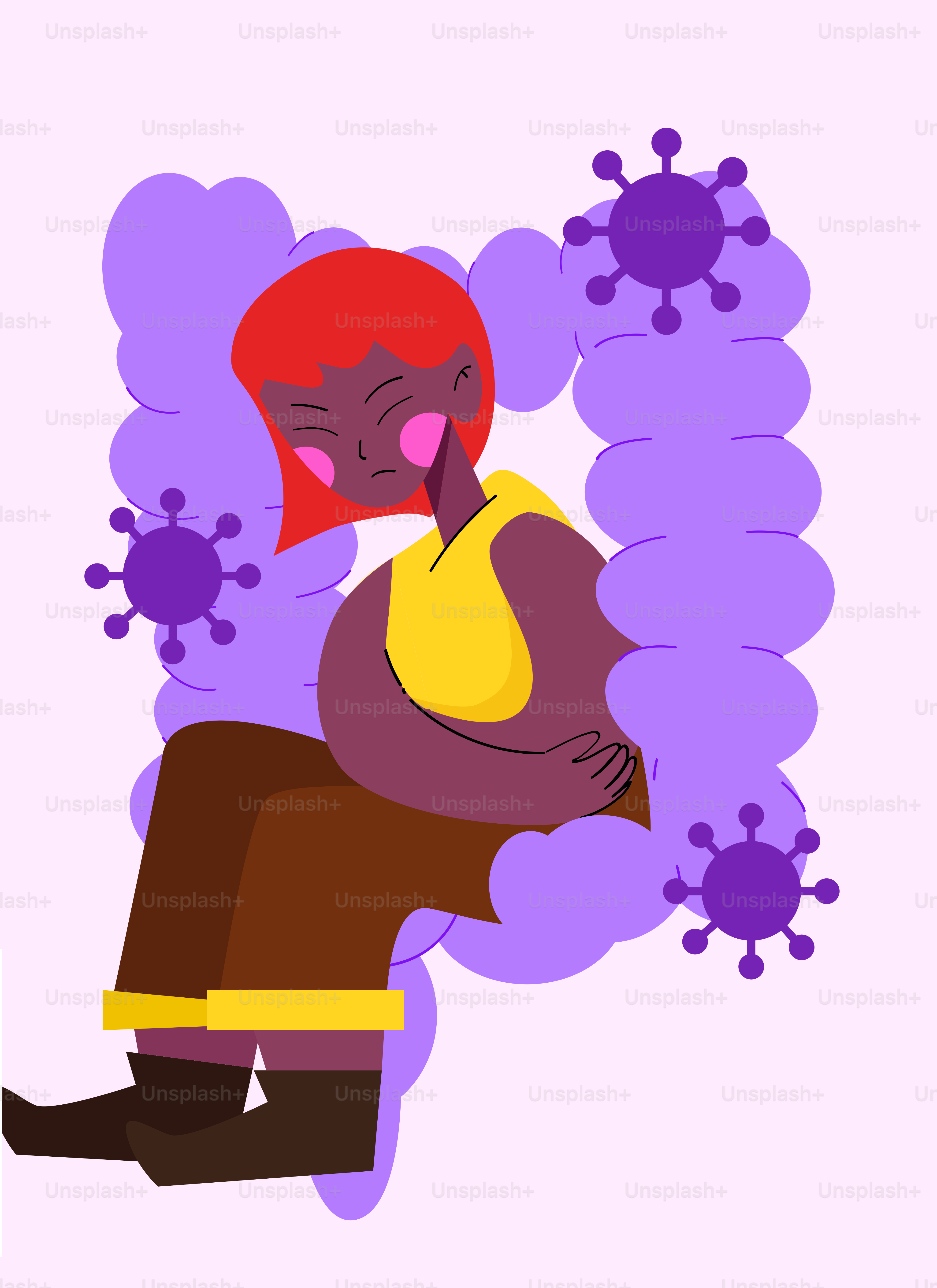 Woman with abdominal pain surrounded by purple viruses.