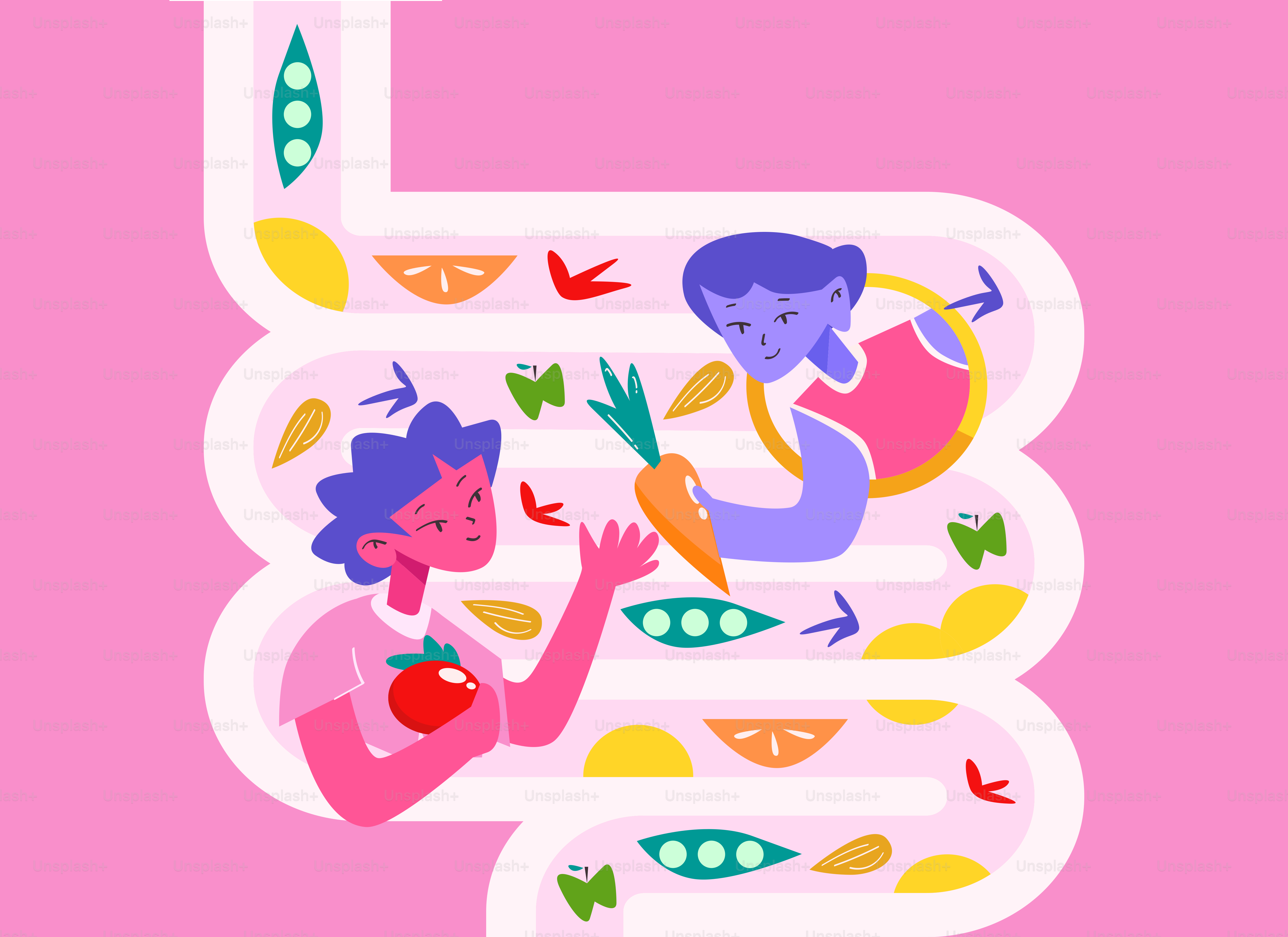 People interacting with healthy food inside digestive tract.